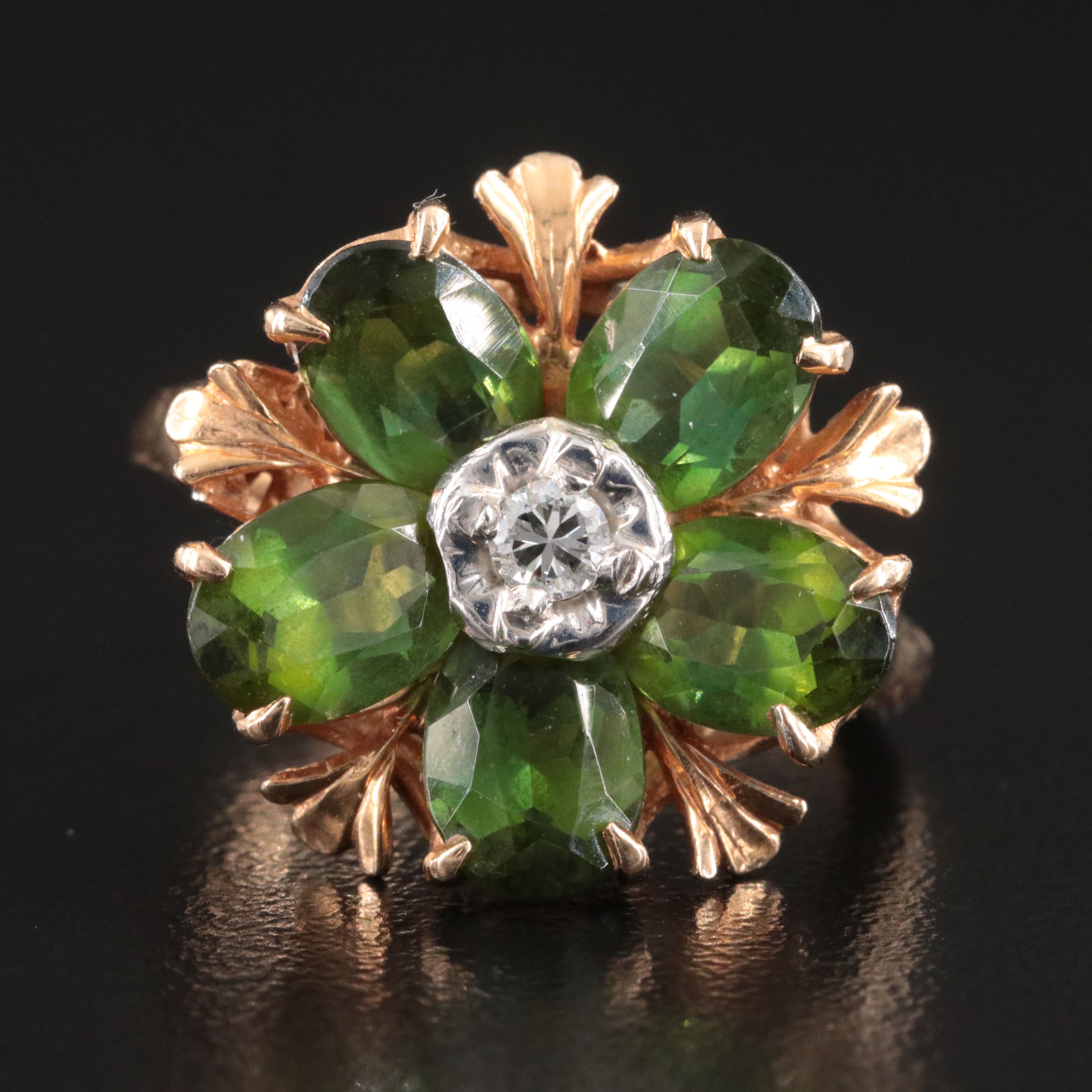 14K Tourmaline and Diamond Flower Ring
