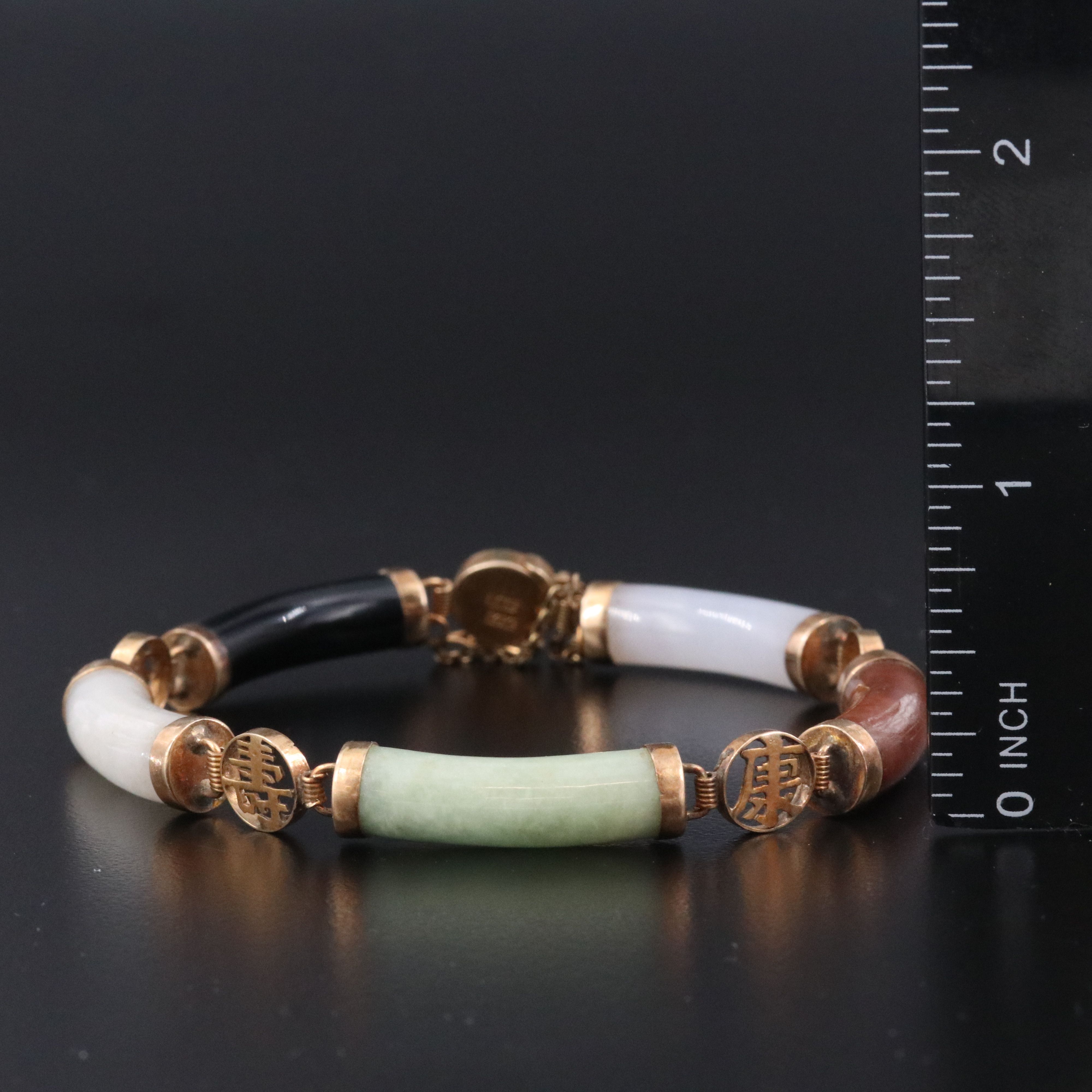 14K Chinese Jadeite and Black Onyx "Good Fortune" Station Bracelet