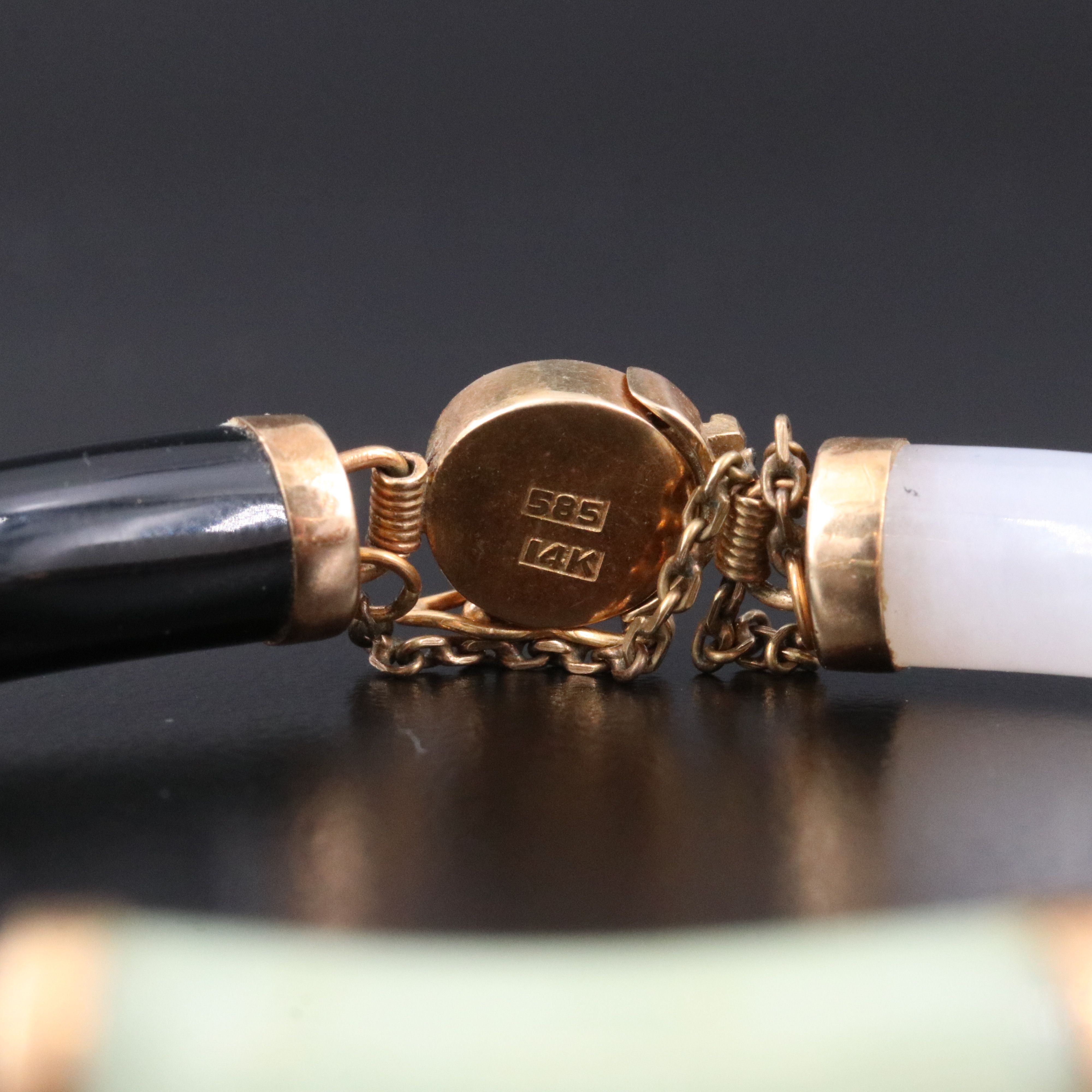 14K Chinese Jadeite and Black Onyx "Good Fortune" Station Bracelet