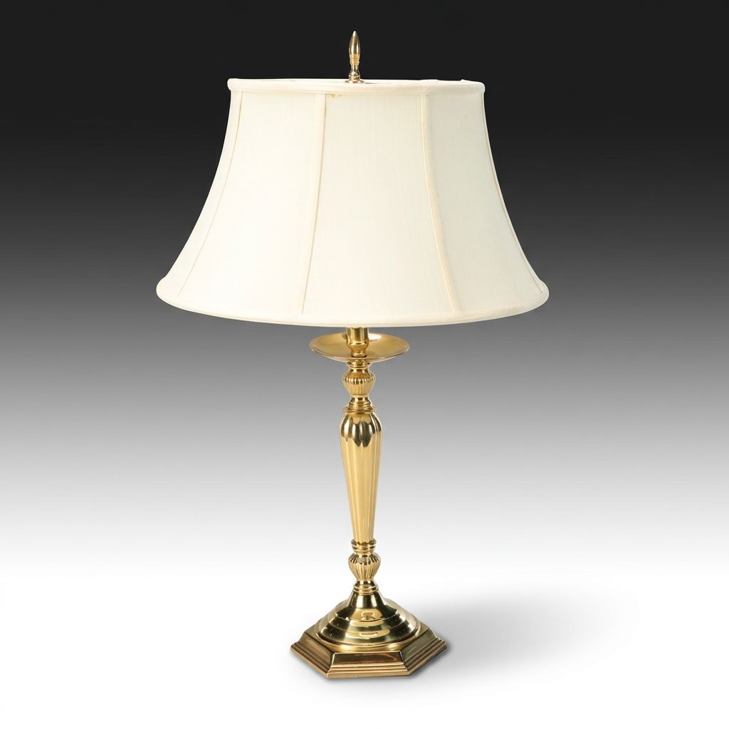 Neoclassical Brass Candlestick Table Lamp with Silk Shade