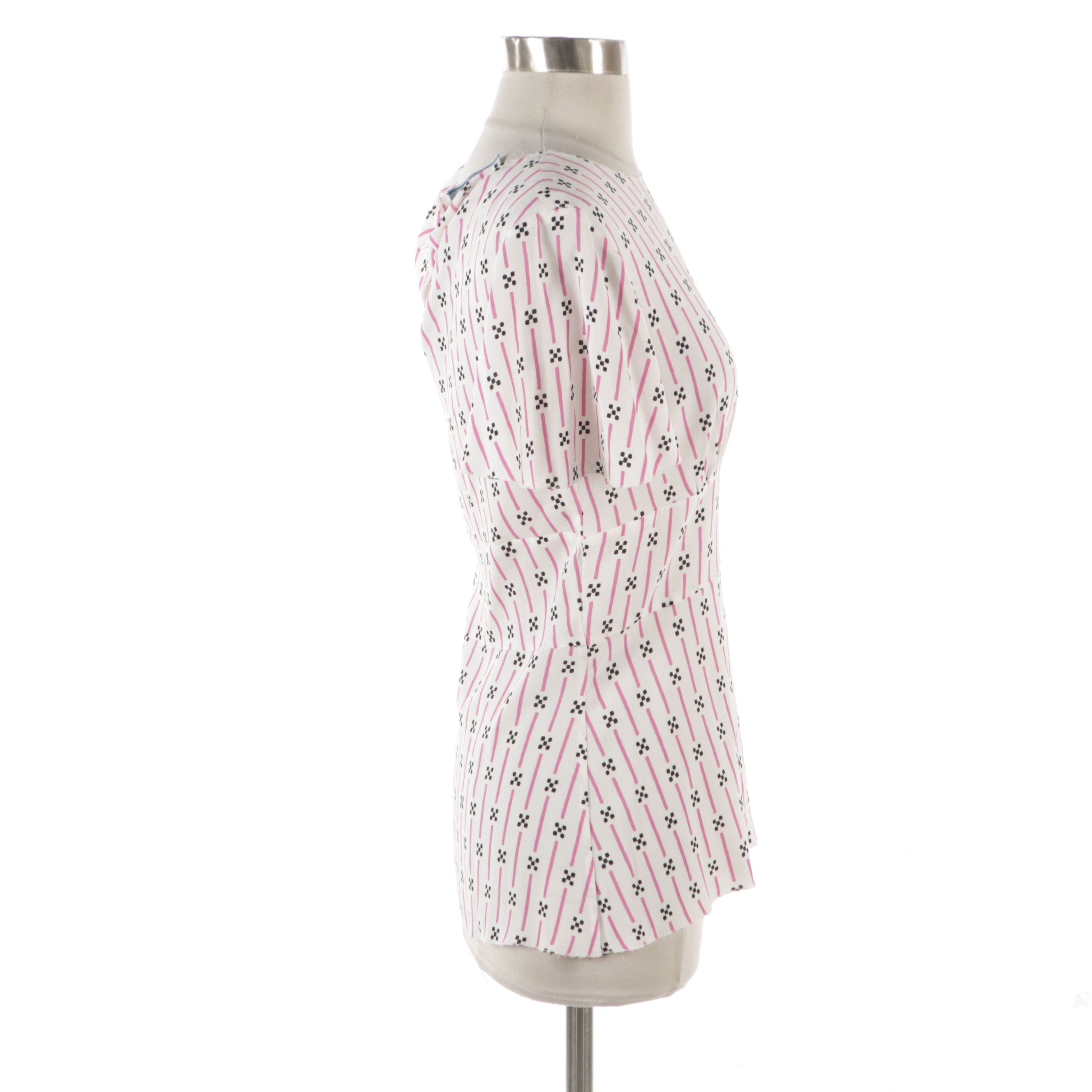 Prada White, Pink and Black Patterned Short Sleeve Peplum Blouse