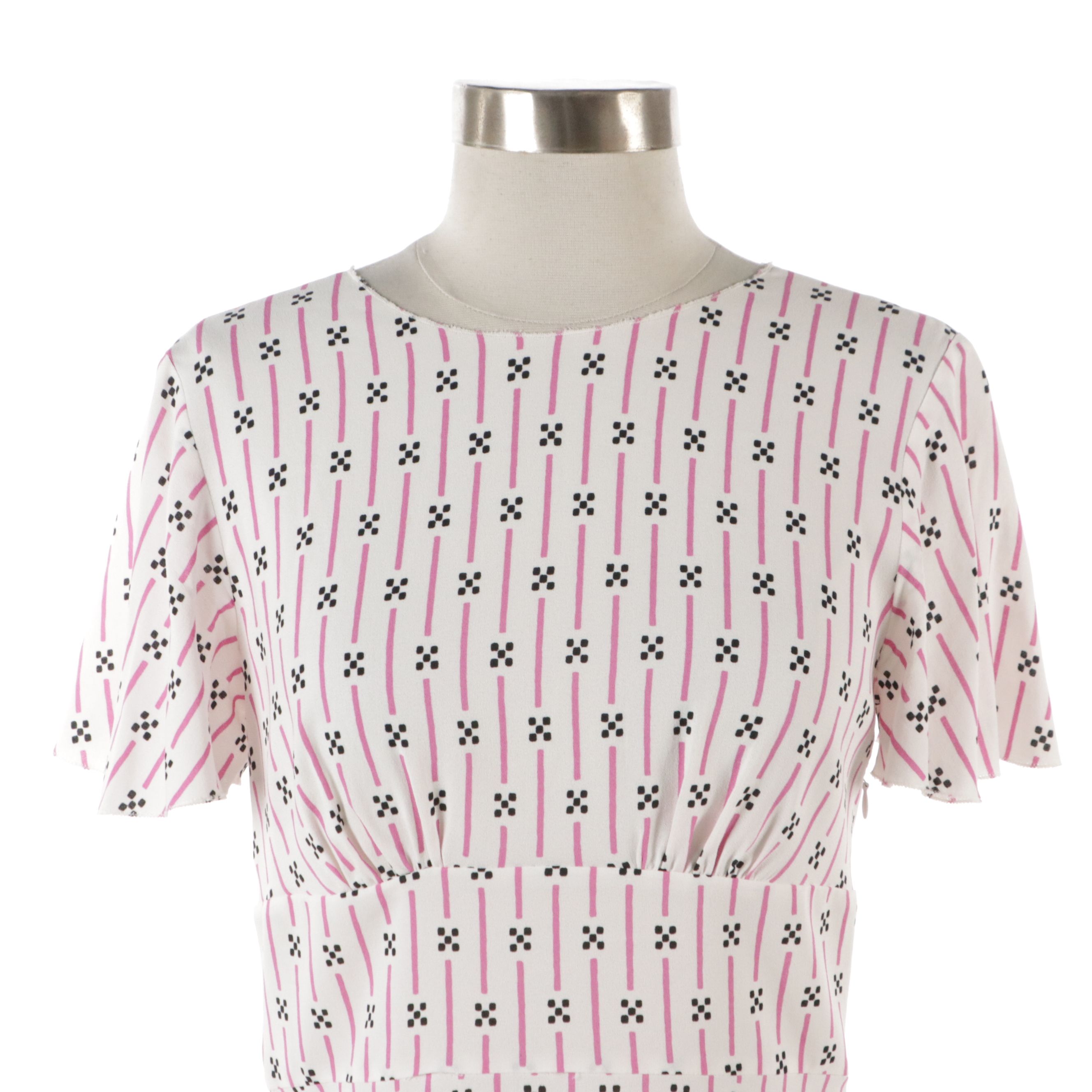 Prada White, Pink and Black Patterned Short Sleeve Peplum Blouse
