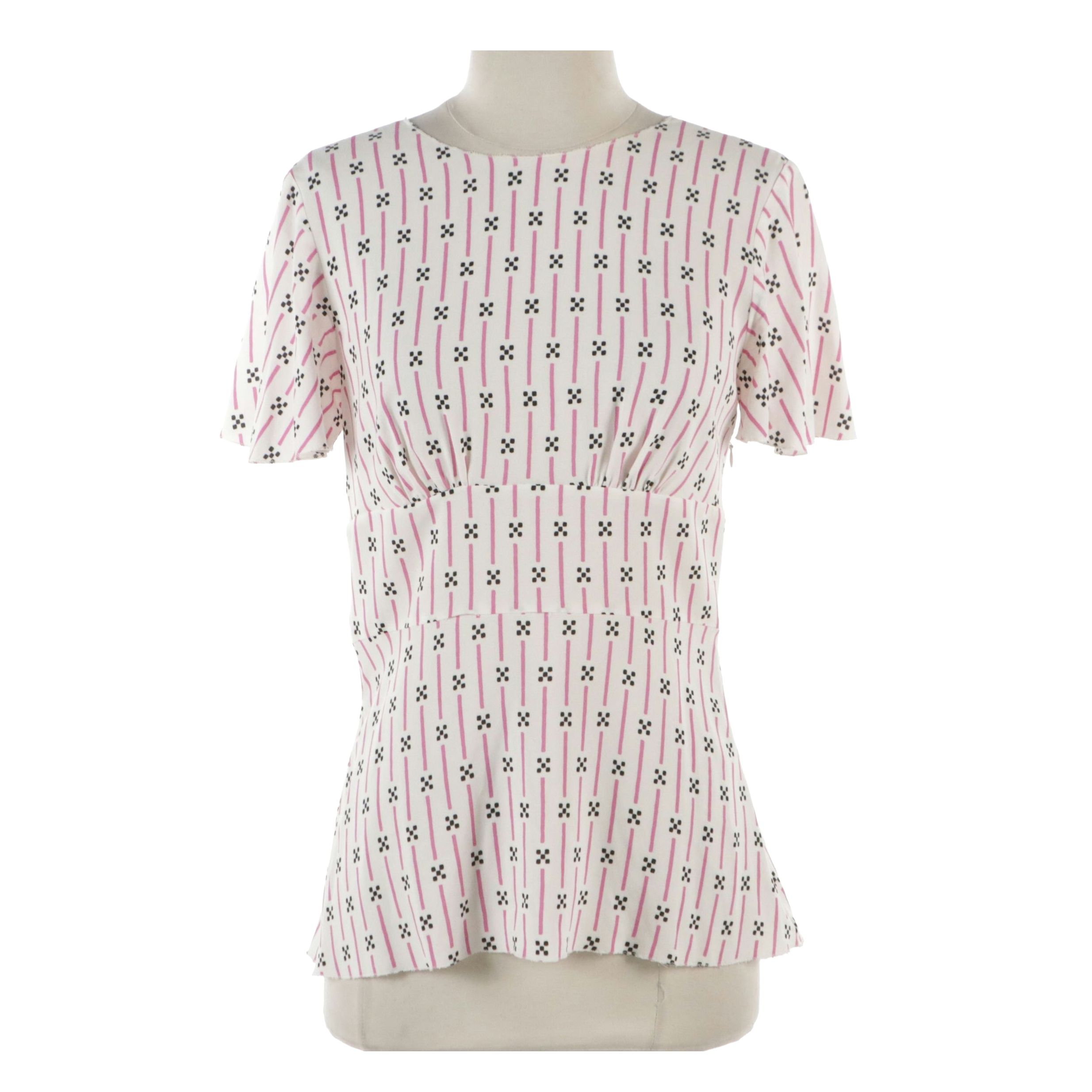 Prada White, Pink and Black Patterned Short Sleeve Peplum Blouse