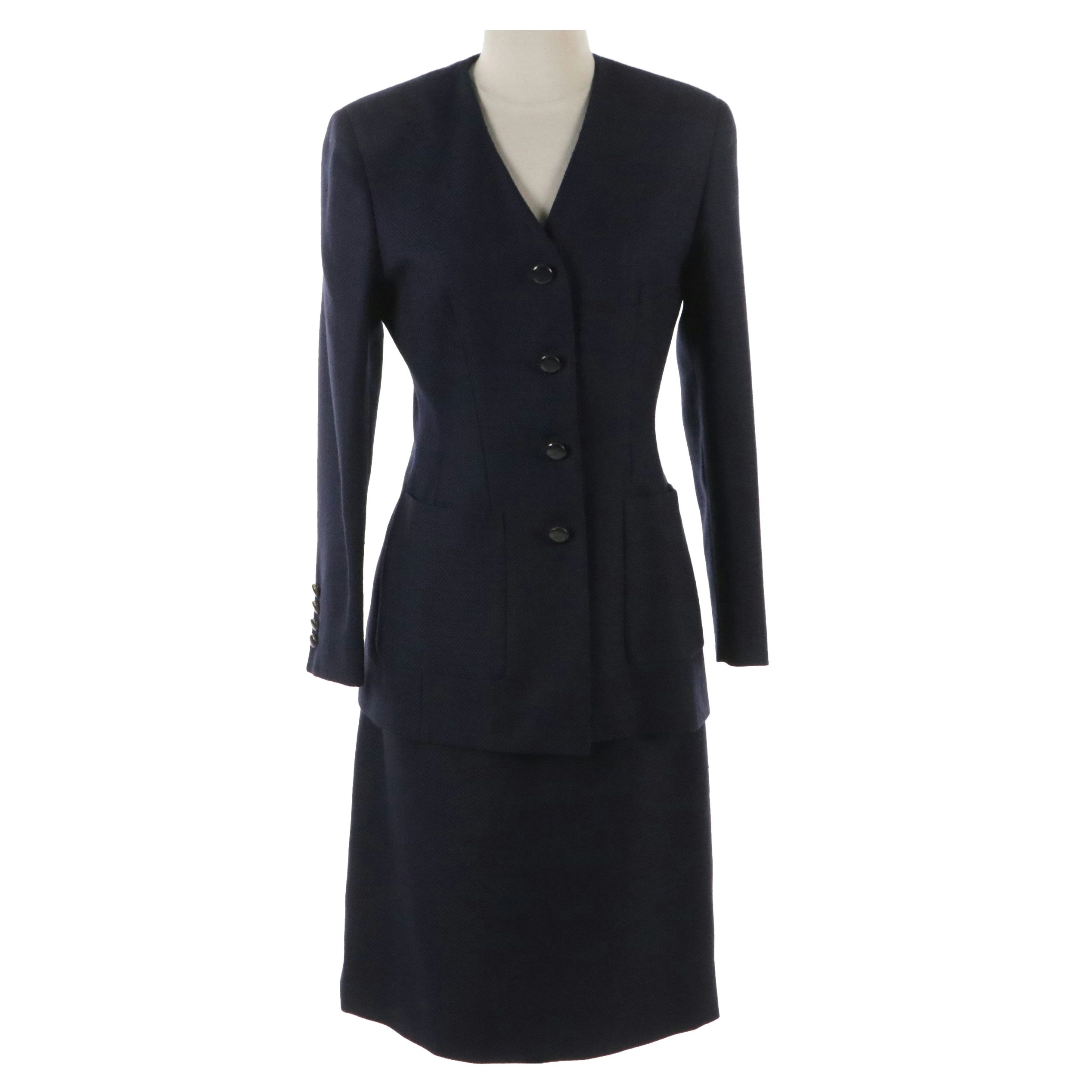 Salvatore Ferragamo Collarless Skirt Suit in Navy Basket Weave Wool