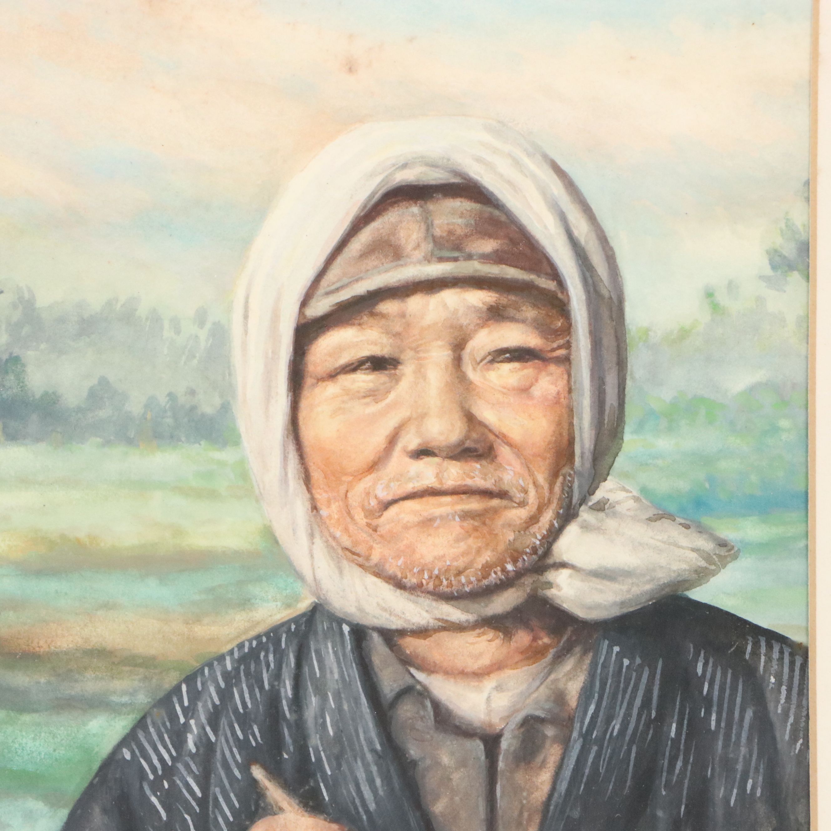 Arisu Bizan Watercolor Painting Portrait of Elderly Person with Pipe