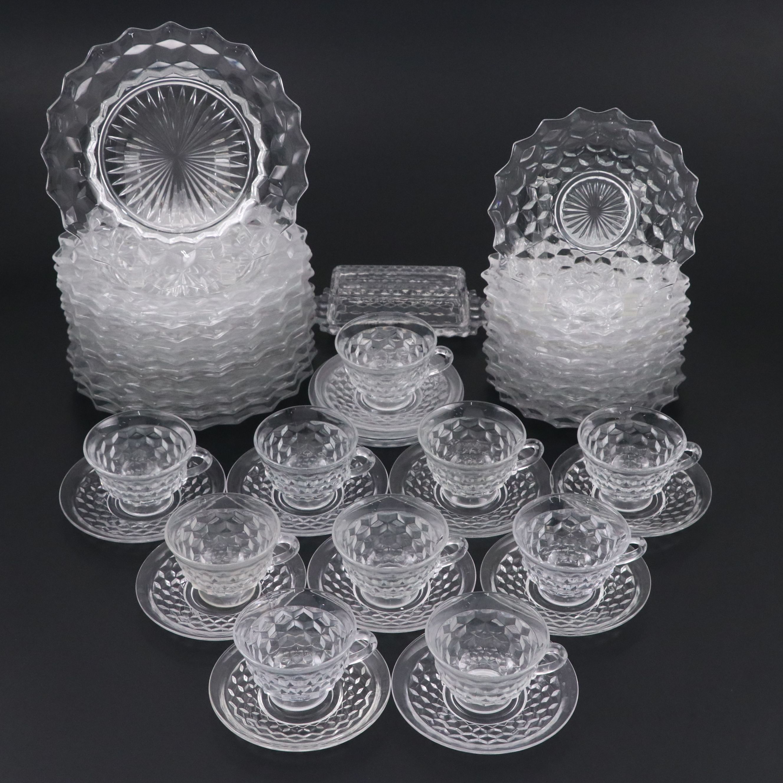 Fostoria "American Clear" Glass Dinnerware with Colony "Whitehall" Saucers