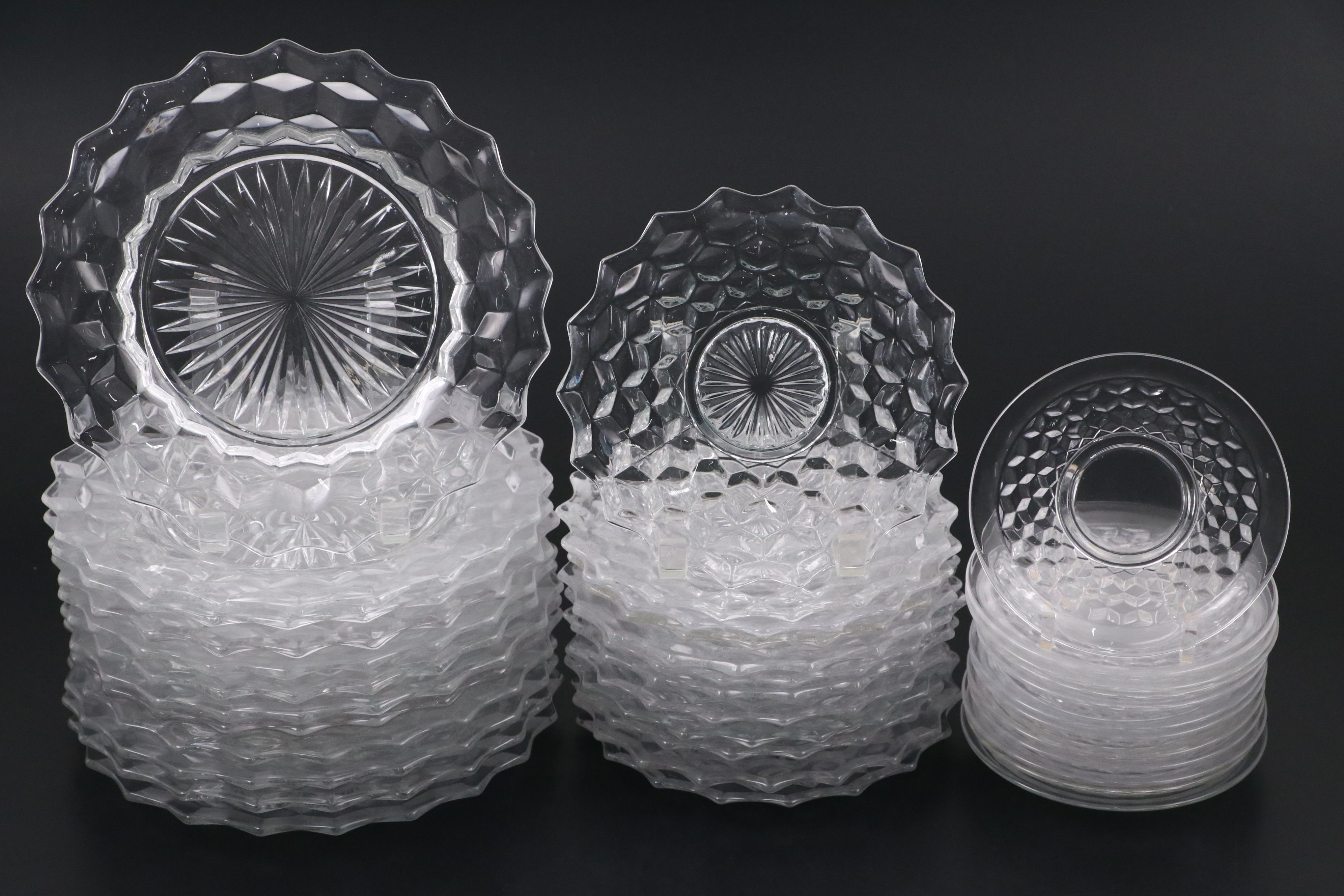 Fostoria "American Clear" Glass Dinnerware with Colony "Whitehall" Saucers