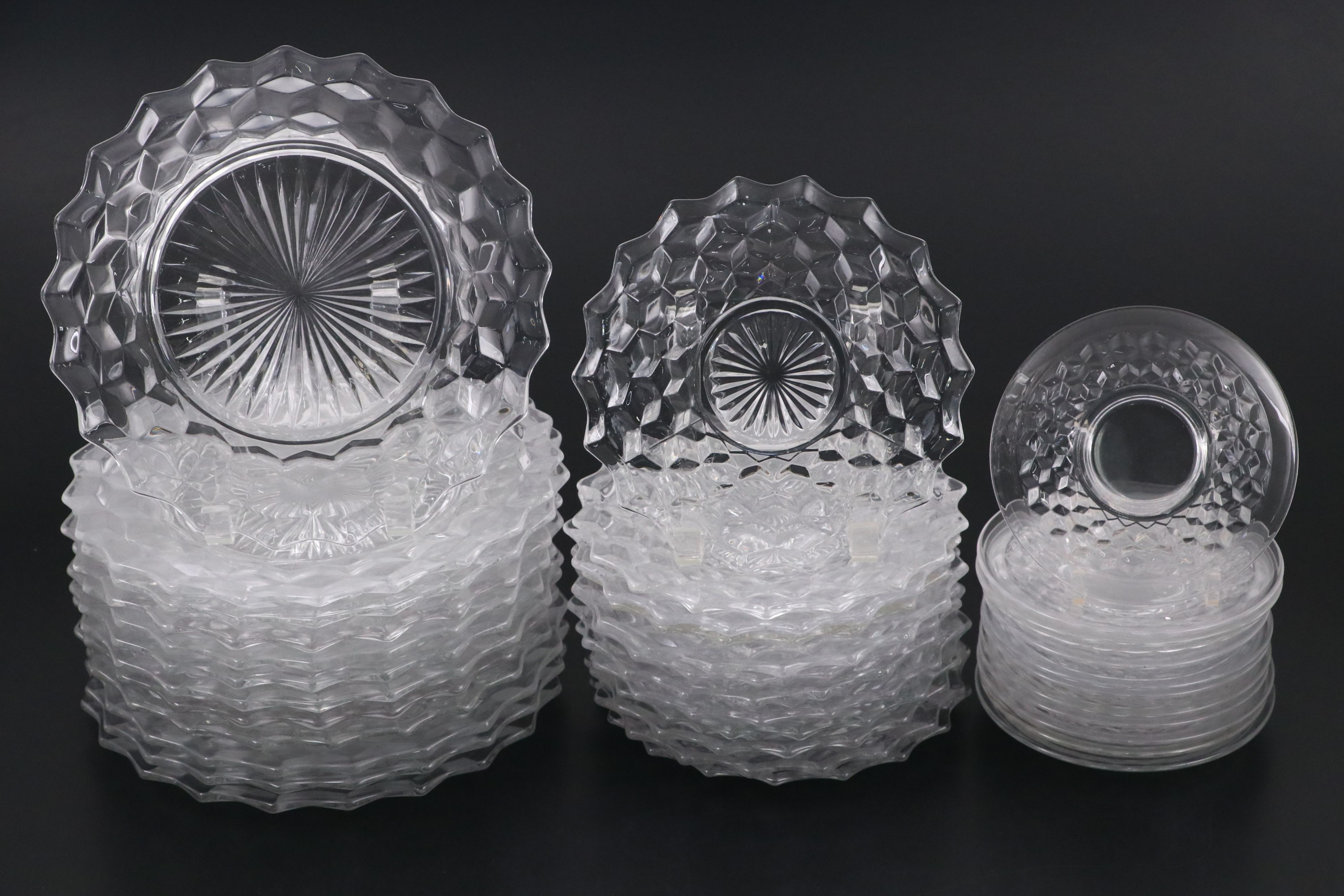 Fostoria "American Clear" Glass Dinnerware with Colony "Whitehall" Saucers