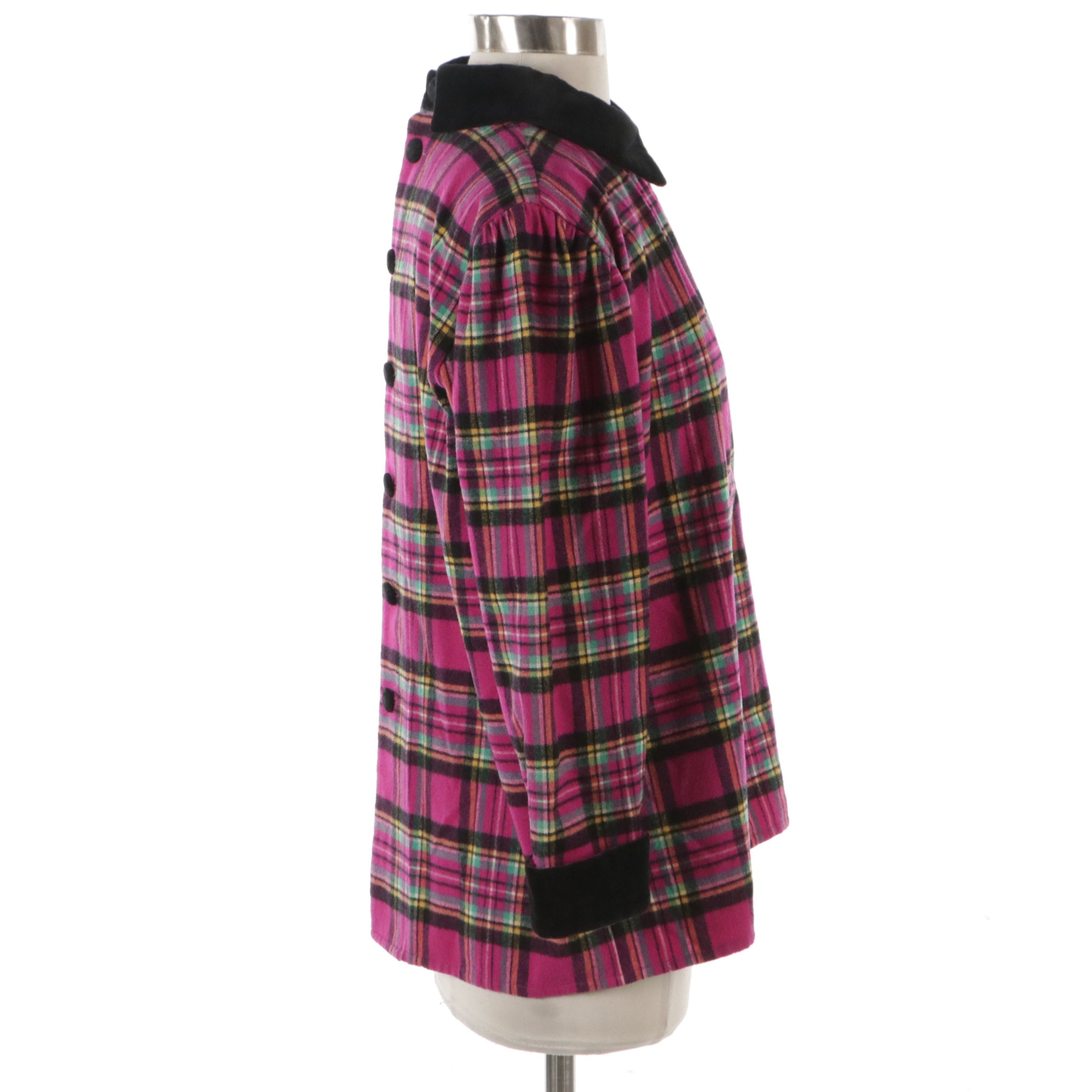 Yves Saint Laurent Chemisiers Vintage Magenta Plaid Top with Black Velvet Trim
