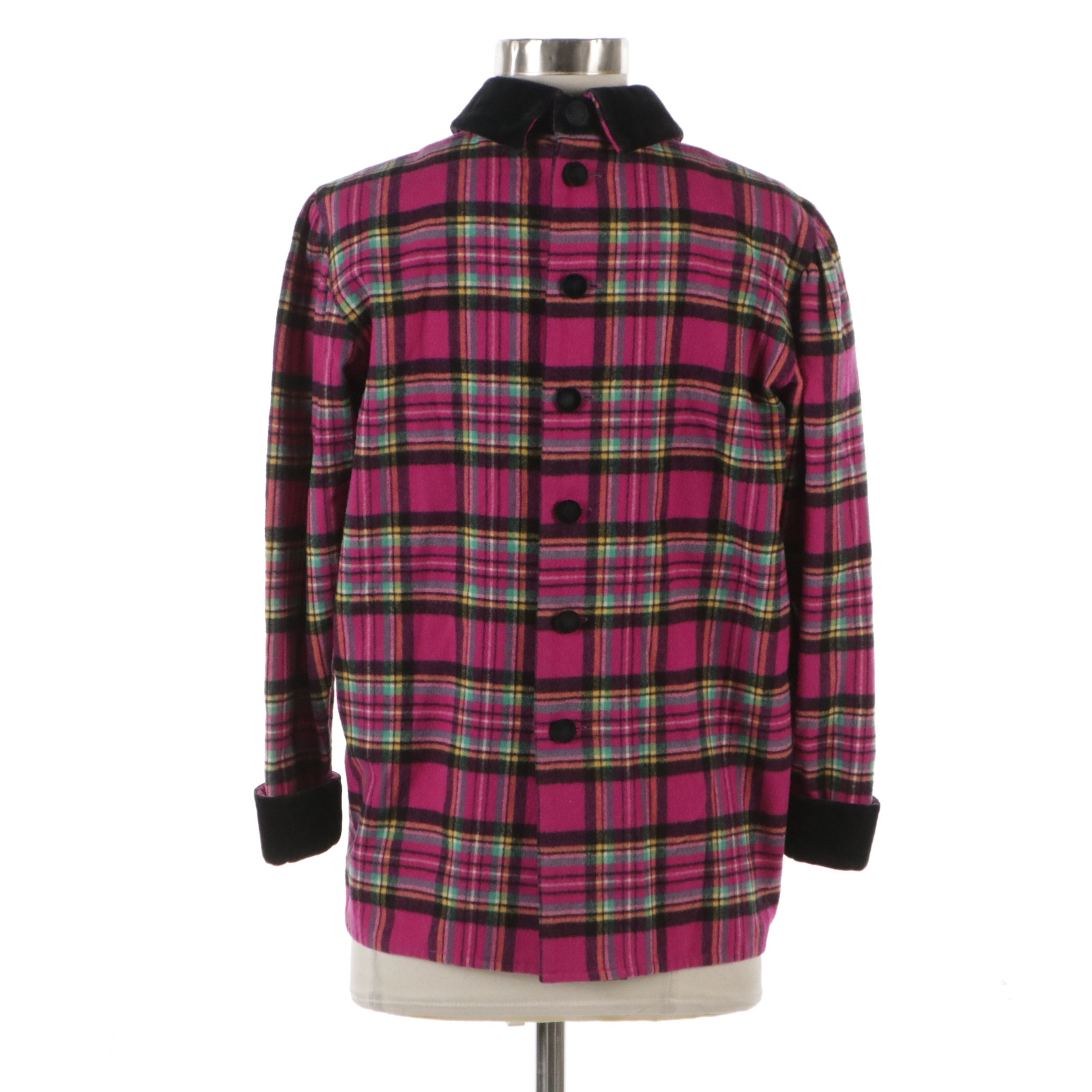 Yves Saint Laurent Chemisiers Vintage Magenta Plaid Top with Black Velvet Trim