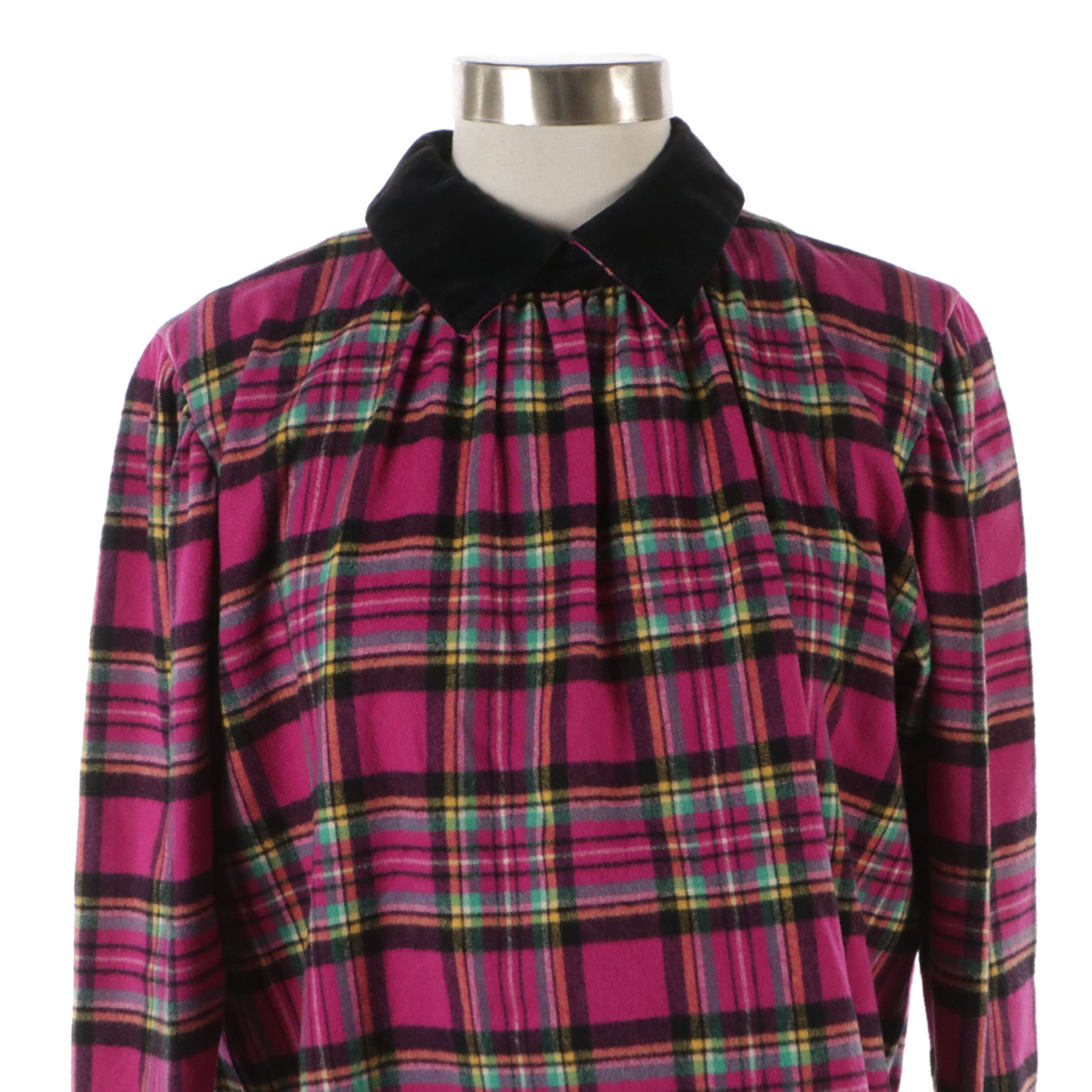 Yves Saint Laurent Chemisiers Vintage Magenta Plaid Top with Black Velvet Trim