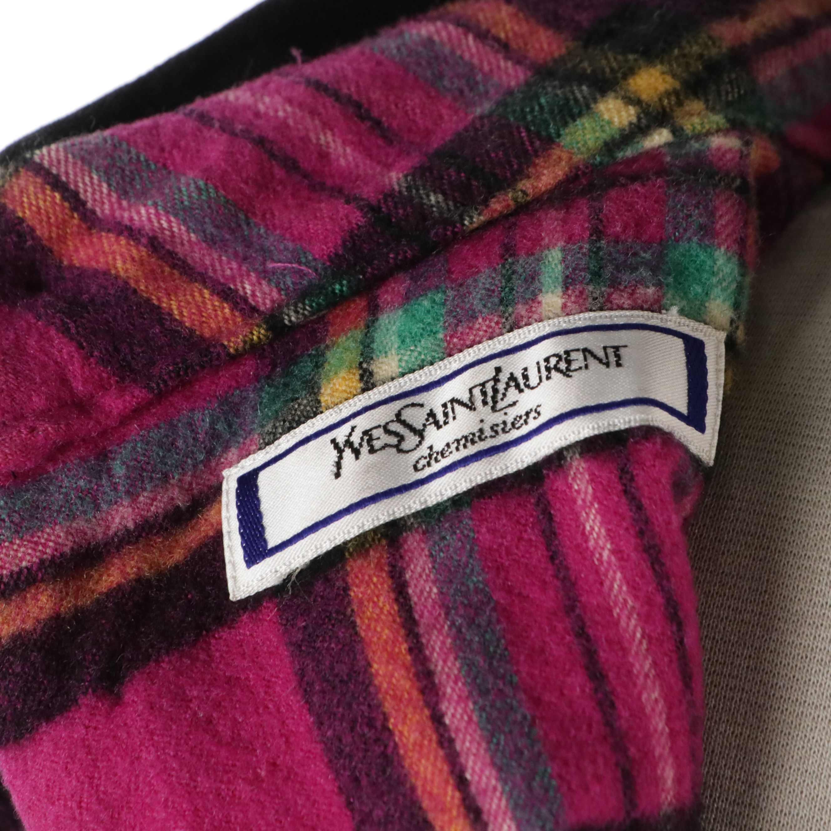Yves Saint Laurent Chemisiers Vintage Magenta Plaid Top with Black Velvet Trim