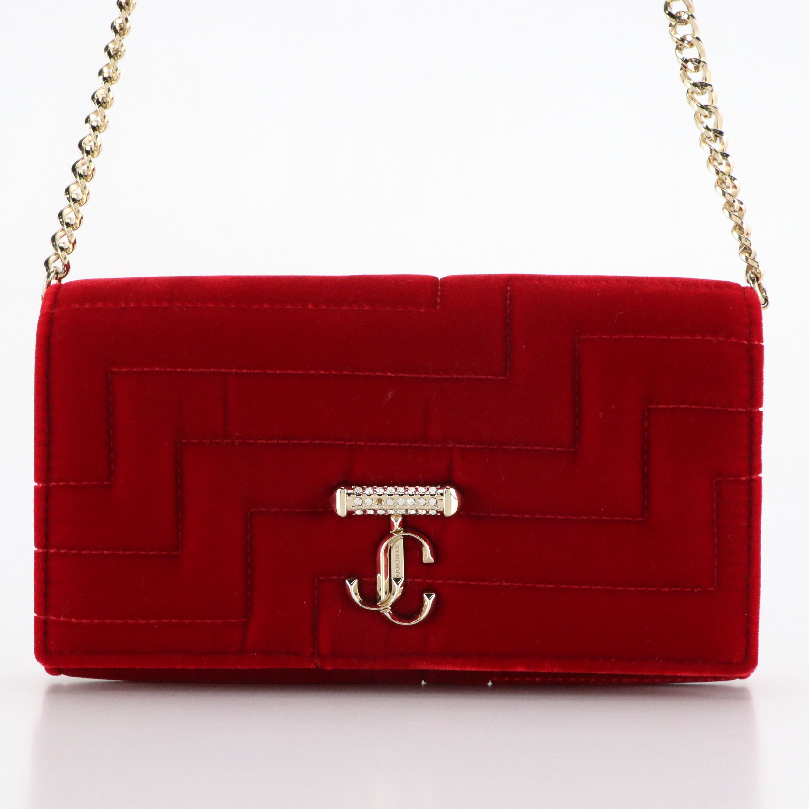 Jimmy Choo Varenne Wallet on Chain in Red Quilted Velvet, With Box