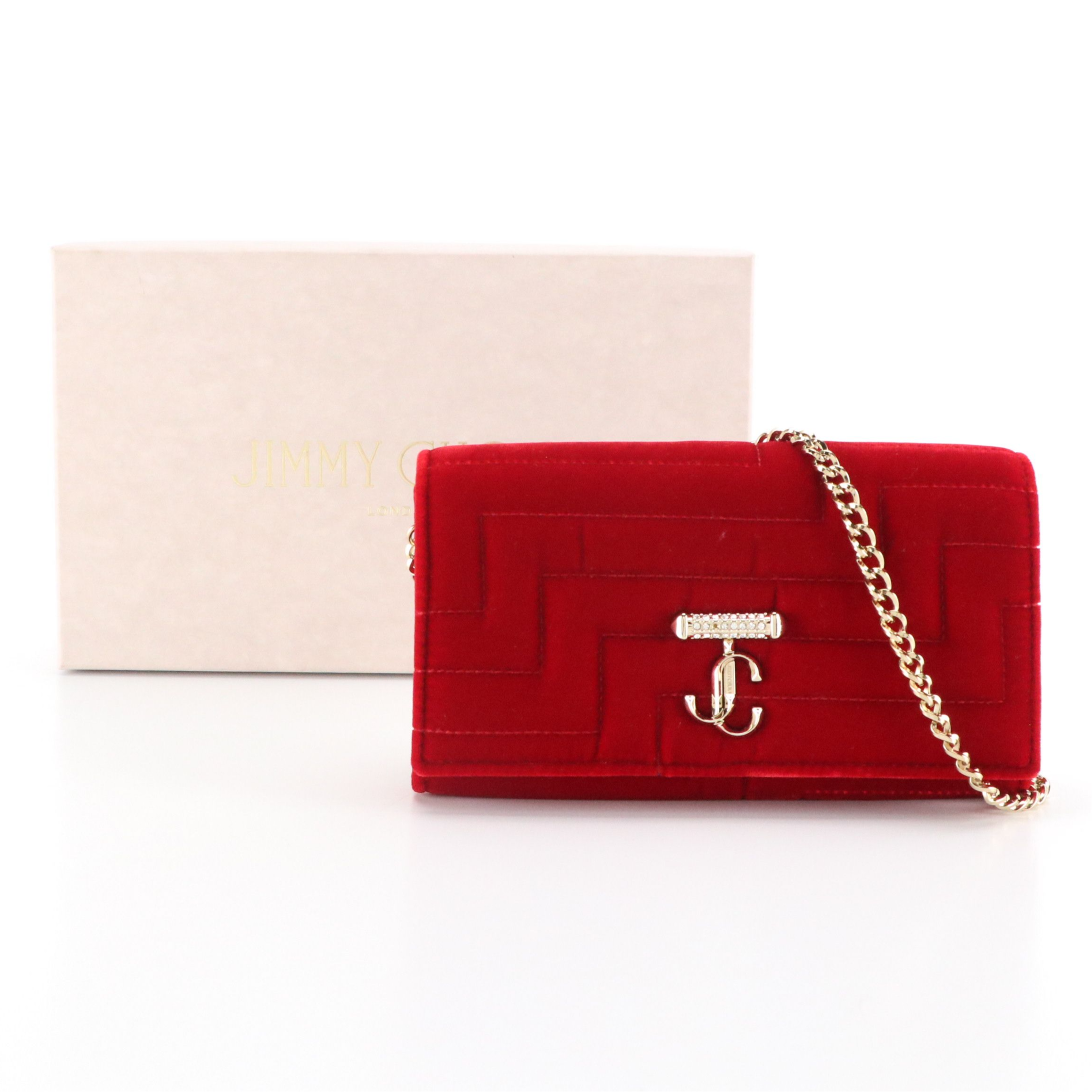 Jimmy Choo Varenne Wallet on Chain in Red Quilted Velvet, With Box