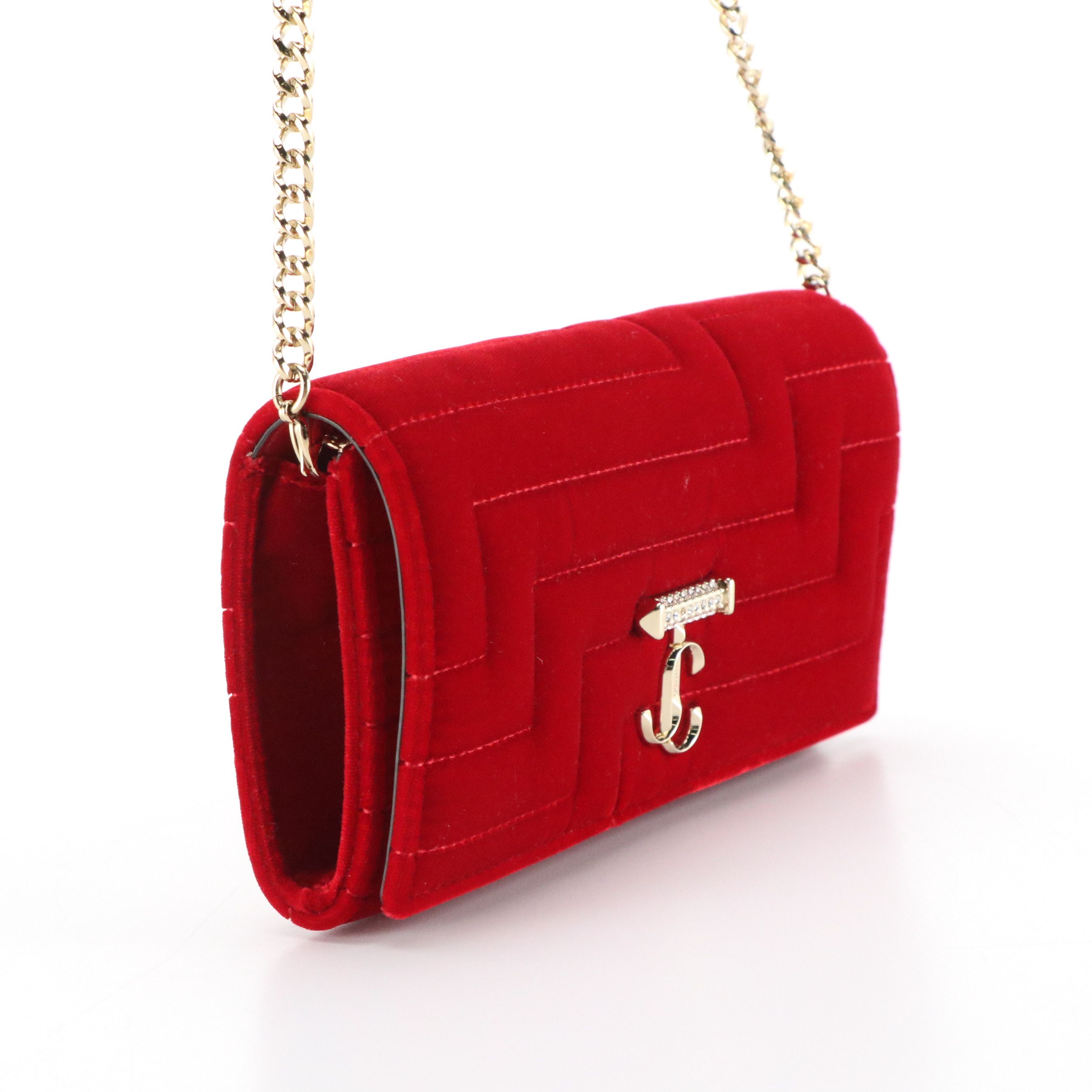 Jimmy Choo Varenne Wallet on Chain in Red Quilted Velvet, With Box