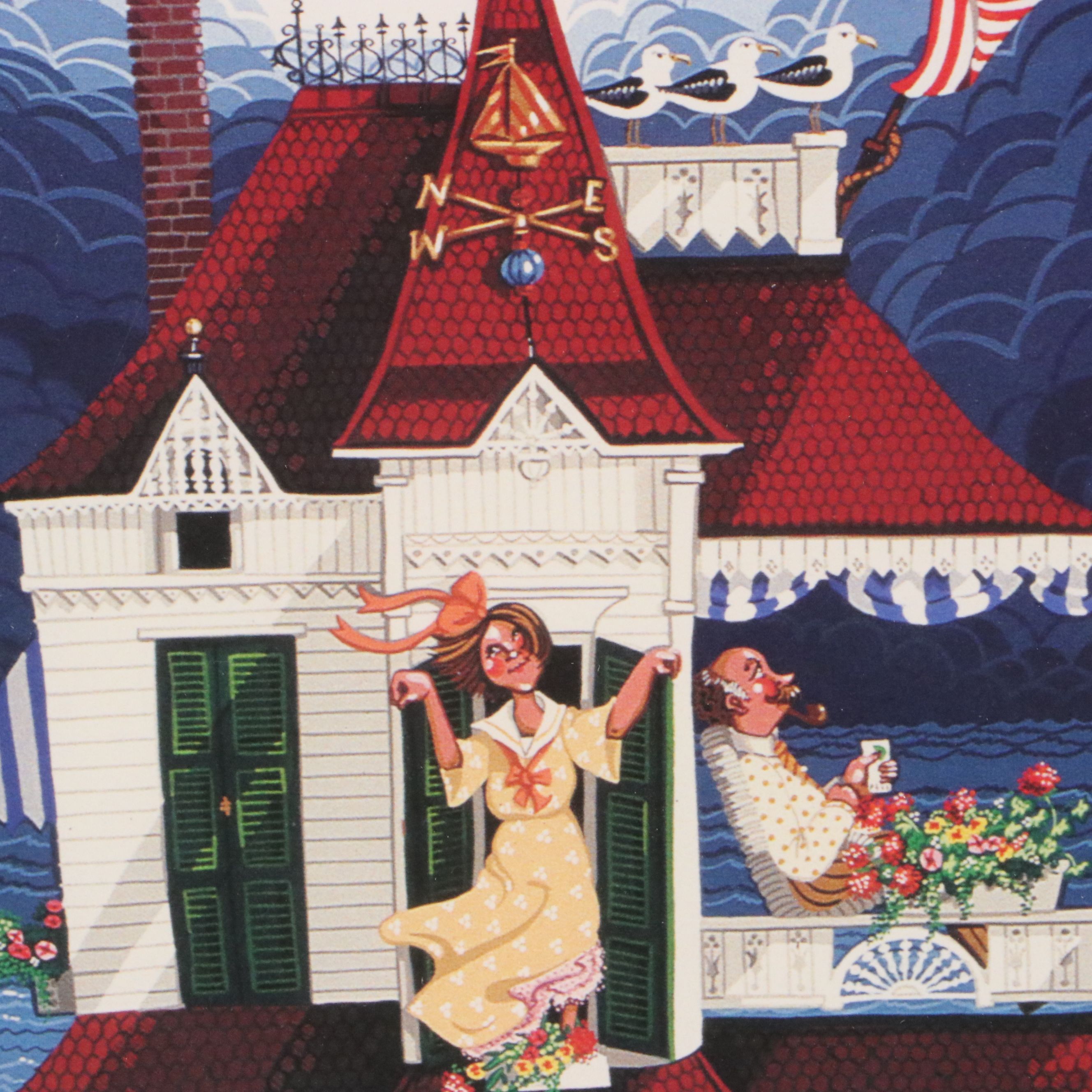 Ann Thompson Offset Lithograph of Folk Art Style Coastal Residence