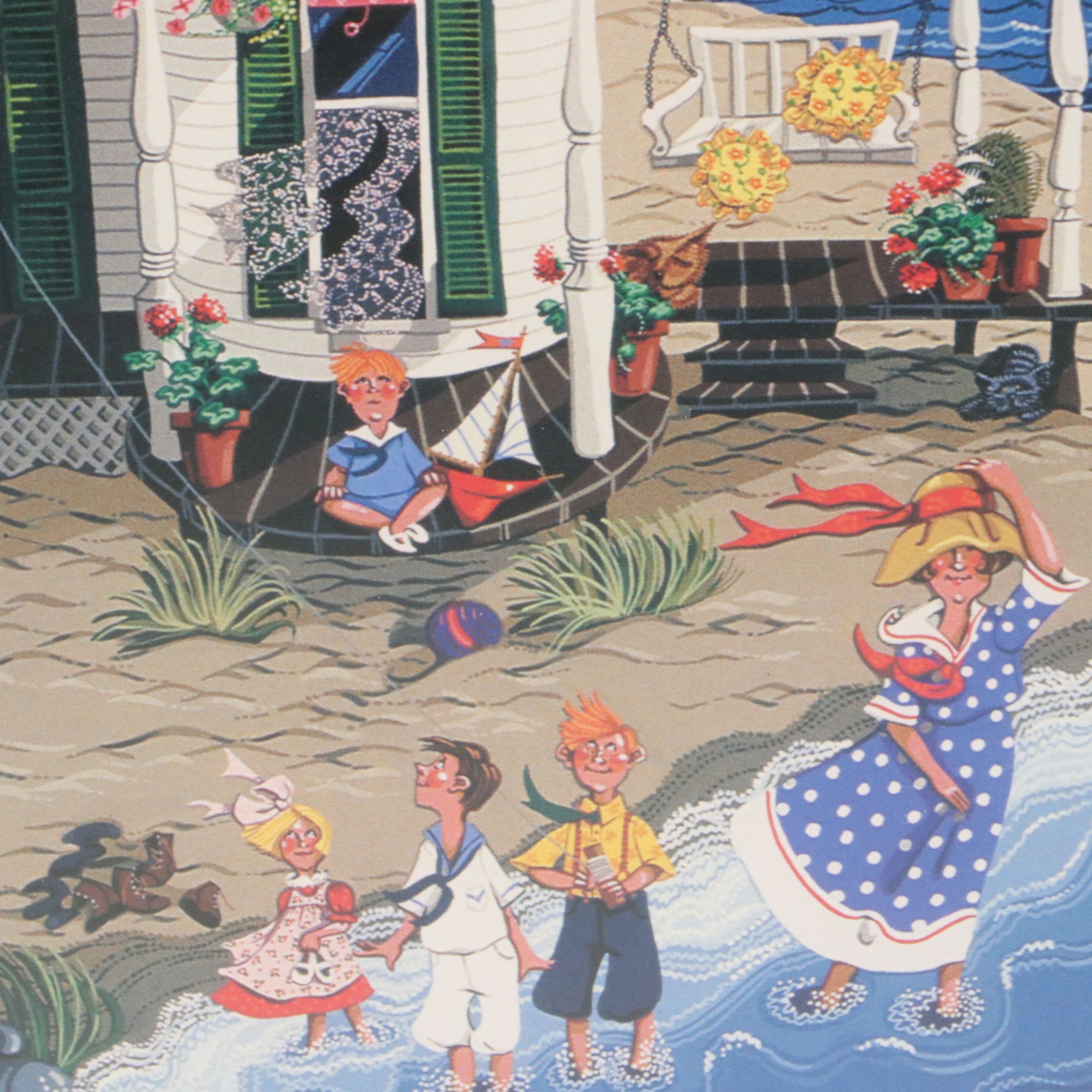 Ann Thompson Offset Lithograph of Folk Art Style Coastal Residence