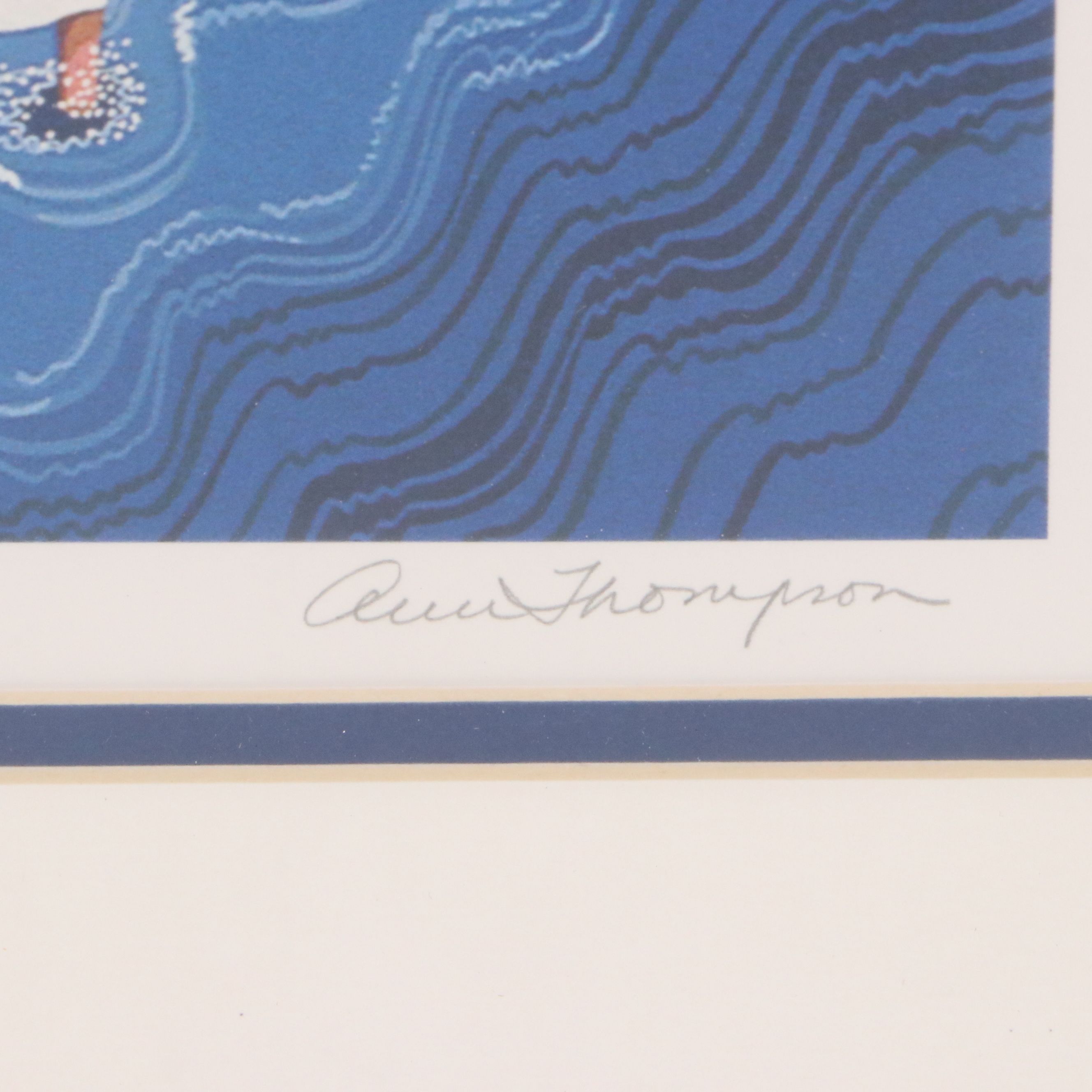 Ann Thompson Offset Lithograph of Folk Art Style Coastal Residence