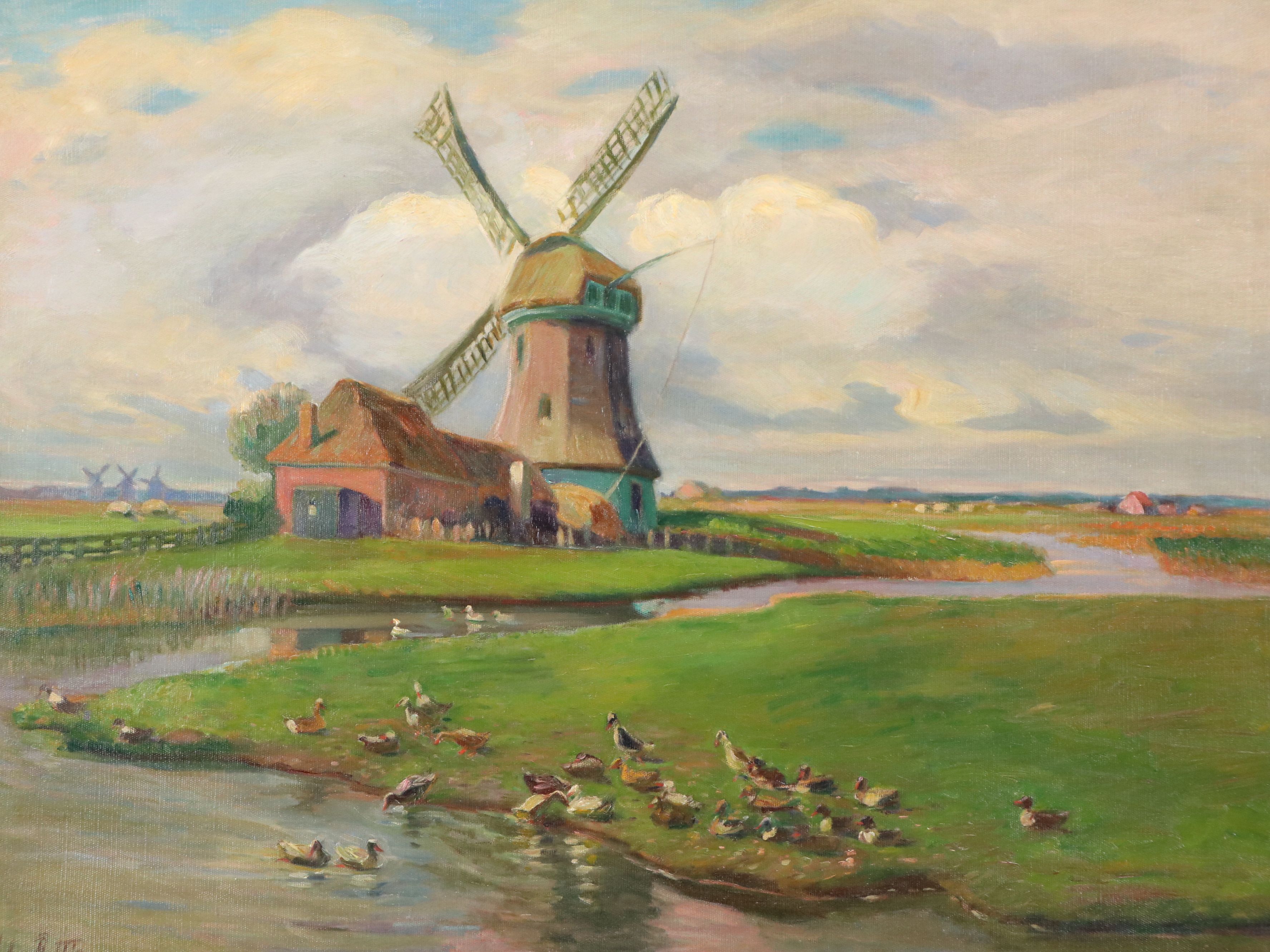 John Rettig Oil Painting "Mill Near Monnickendam, Holland," 1914