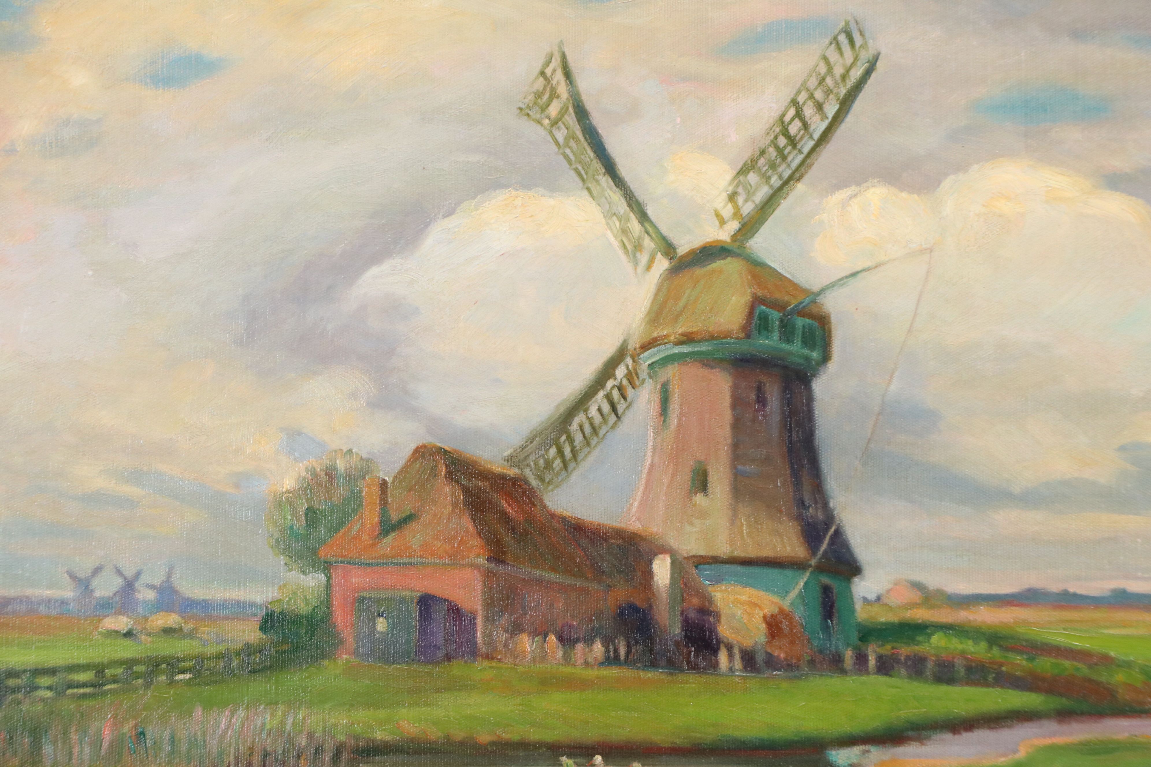 John Rettig Oil Painting "Mill Near Monnickendam, Holland," 1914
