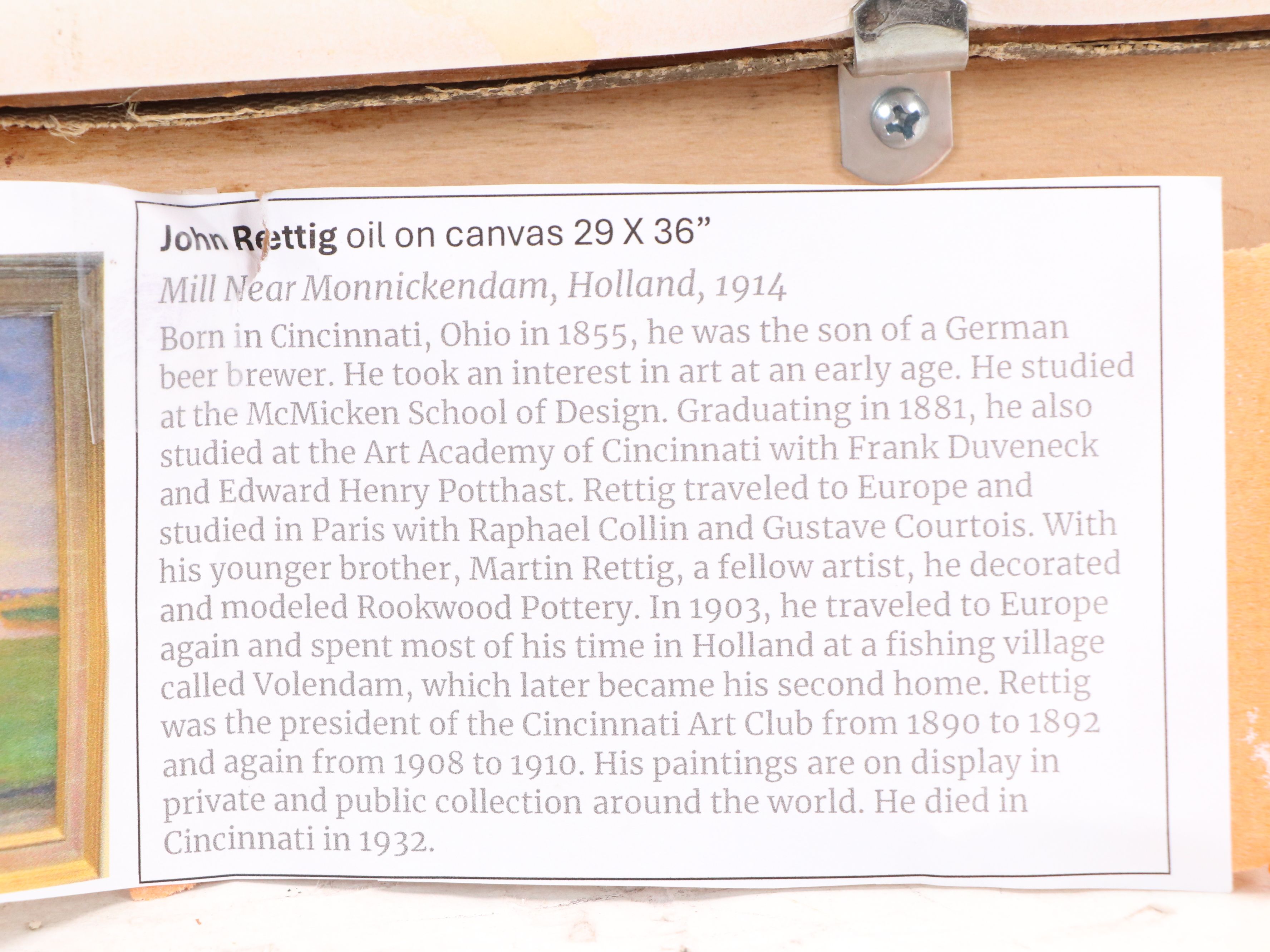 John Rettig Oil Painting "Mill Near Monnickendam, Holland," 1914