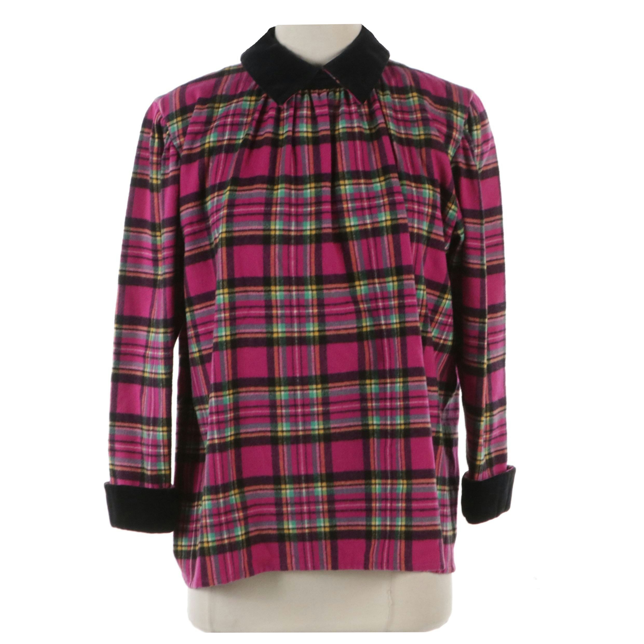 Yves Saint Laurent Chemisiers Vintage Magenta Plaid Top with Black Velvet Trim