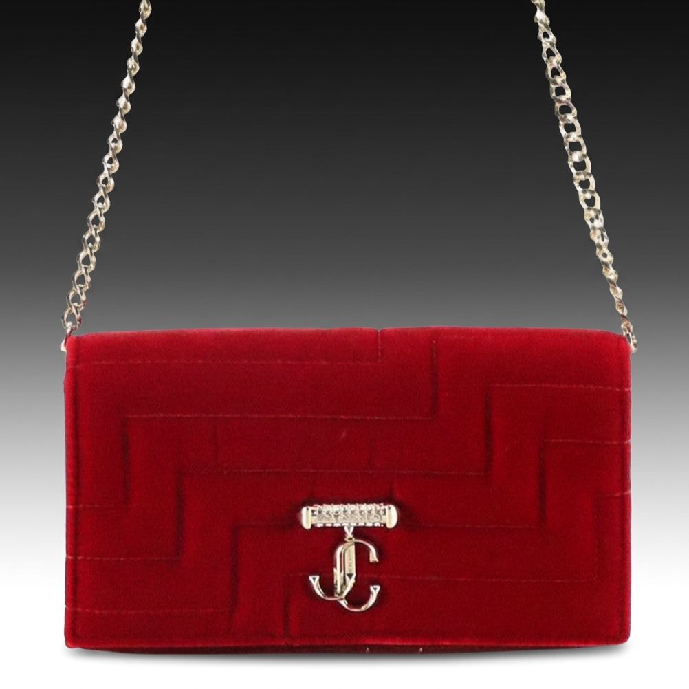 Jimmy Choo Varenne Wallet on Chain in Red Quilted Velvet, With Box