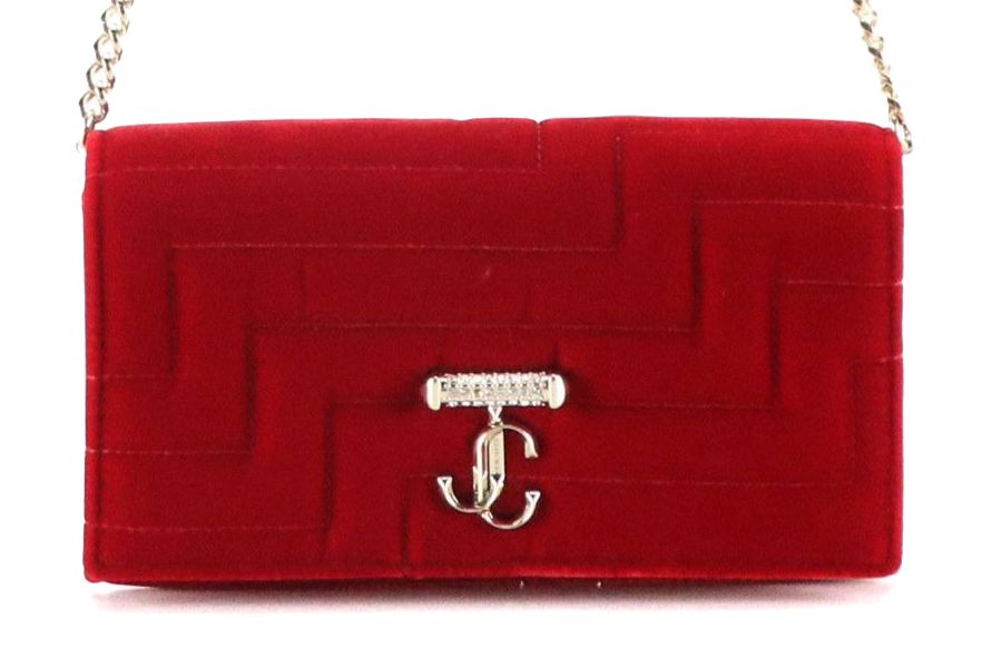 Jimmy Choo Varenne Wallet on Chain in Red Quilted Velvet, With Box