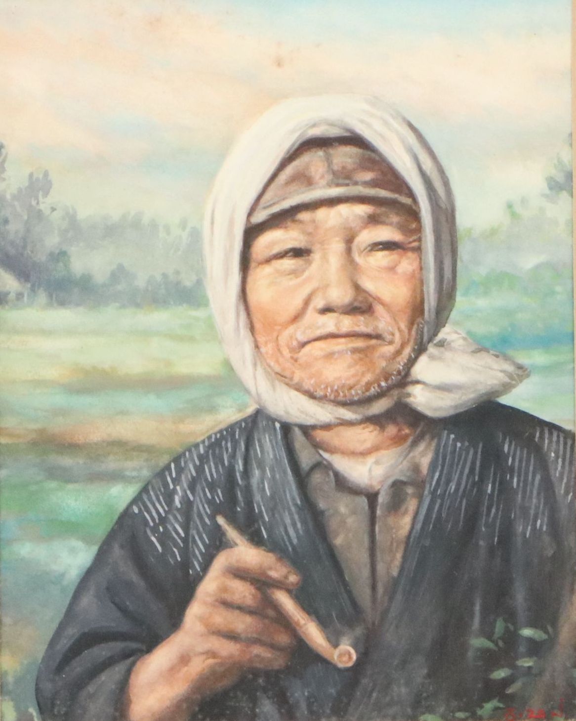 Arisu Bizan Watercolor Painting Portrait of Elderly Person with Pipe