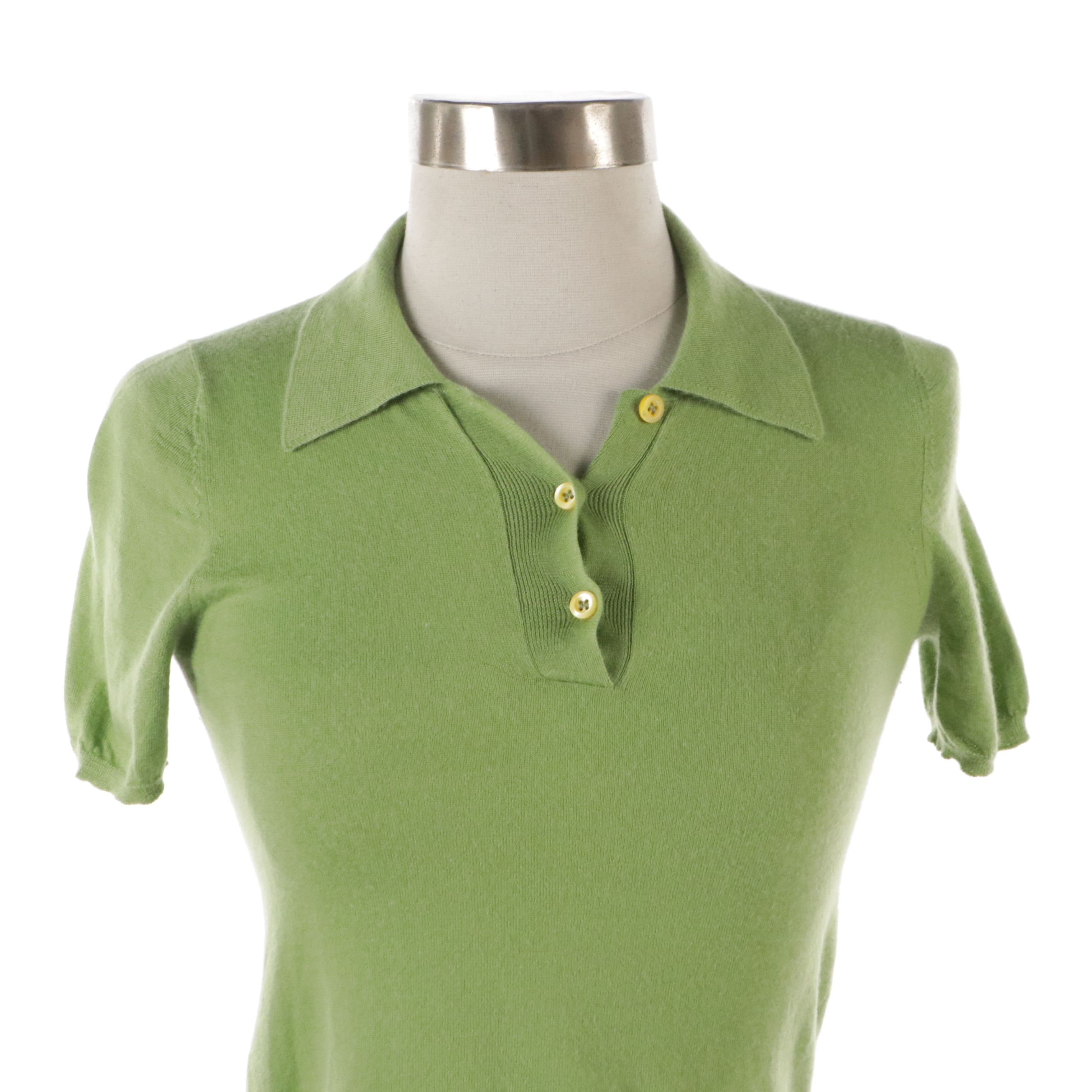 Prada Short Sleeve Fitted Sweater in Green Knit Cashmere