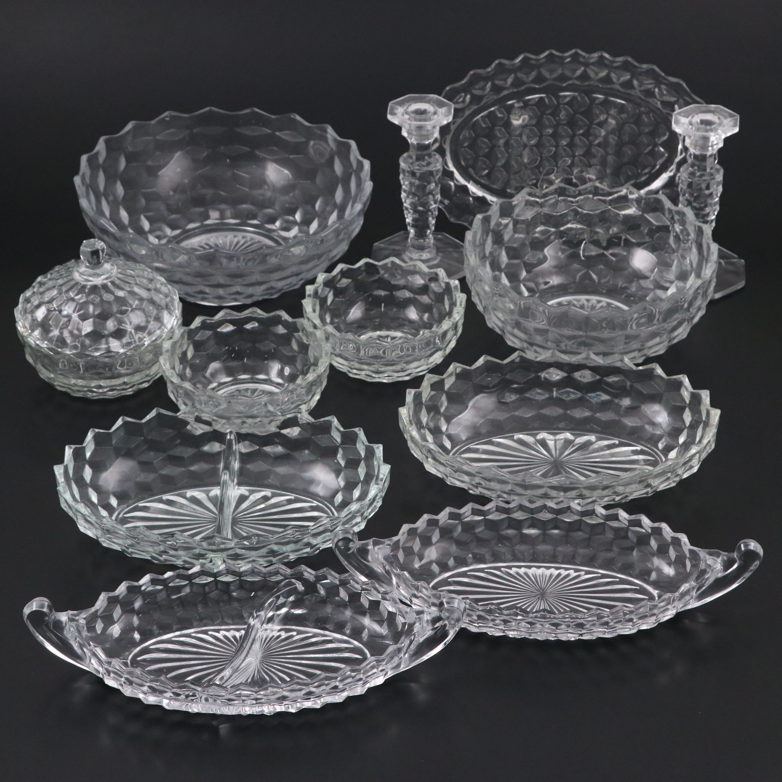 Fostoria "American Clear" Glass Candlesticks, Candy Dishes and More Serveware