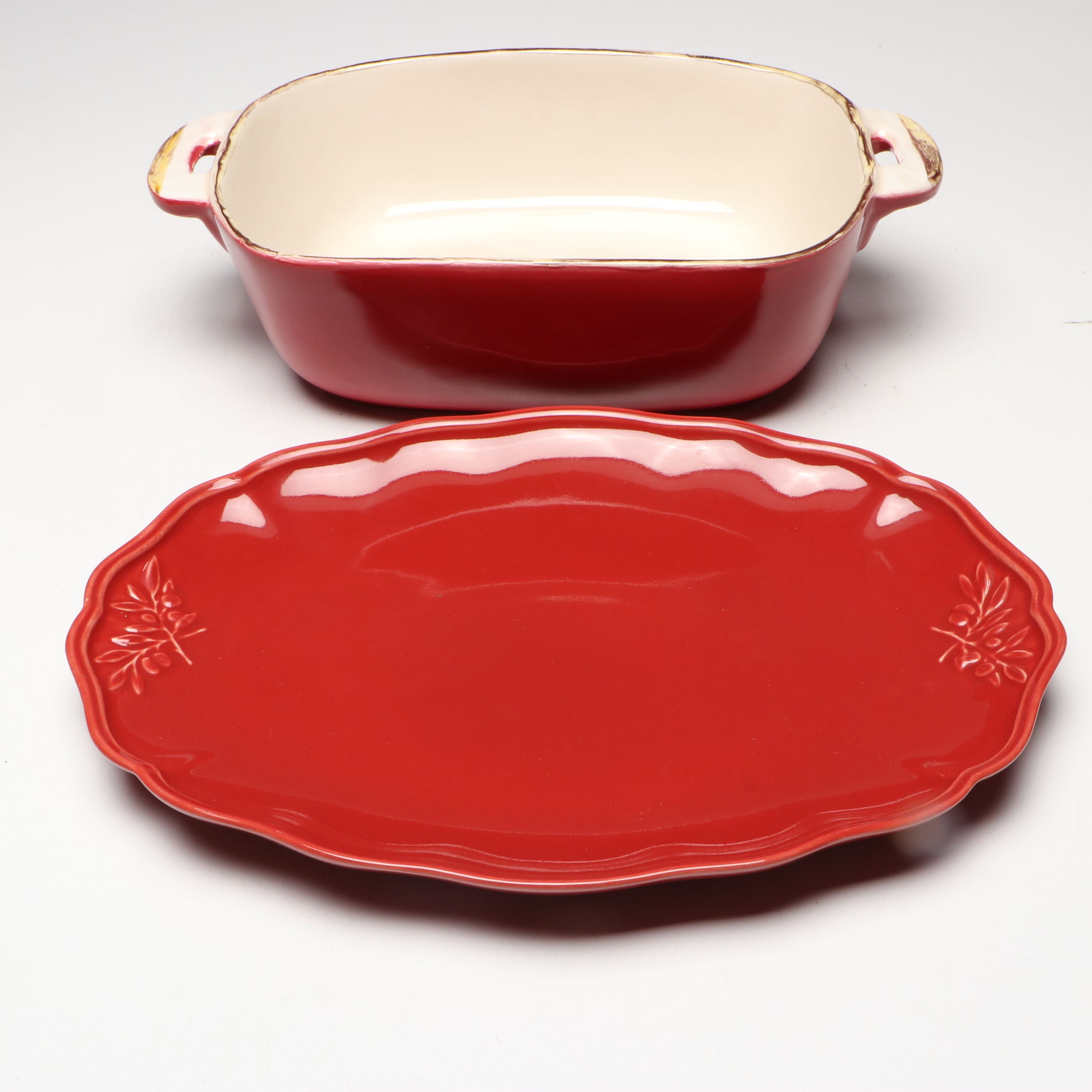 Sur La Table Portuguese Majolica Olive Leaf Serving Platters with Casserole