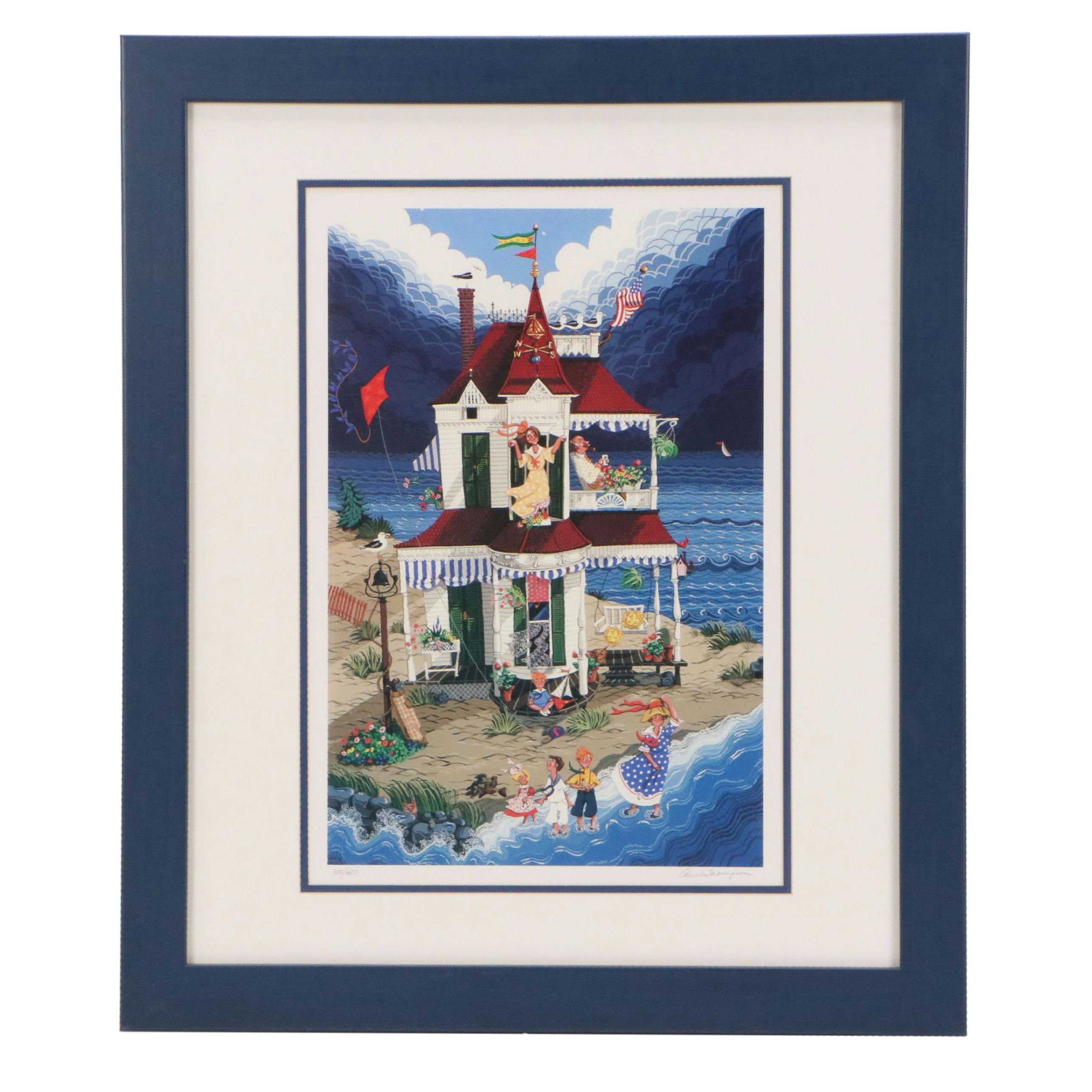 Ann Thompson Offset Lithograph of Folk Art Style Coastal Residence