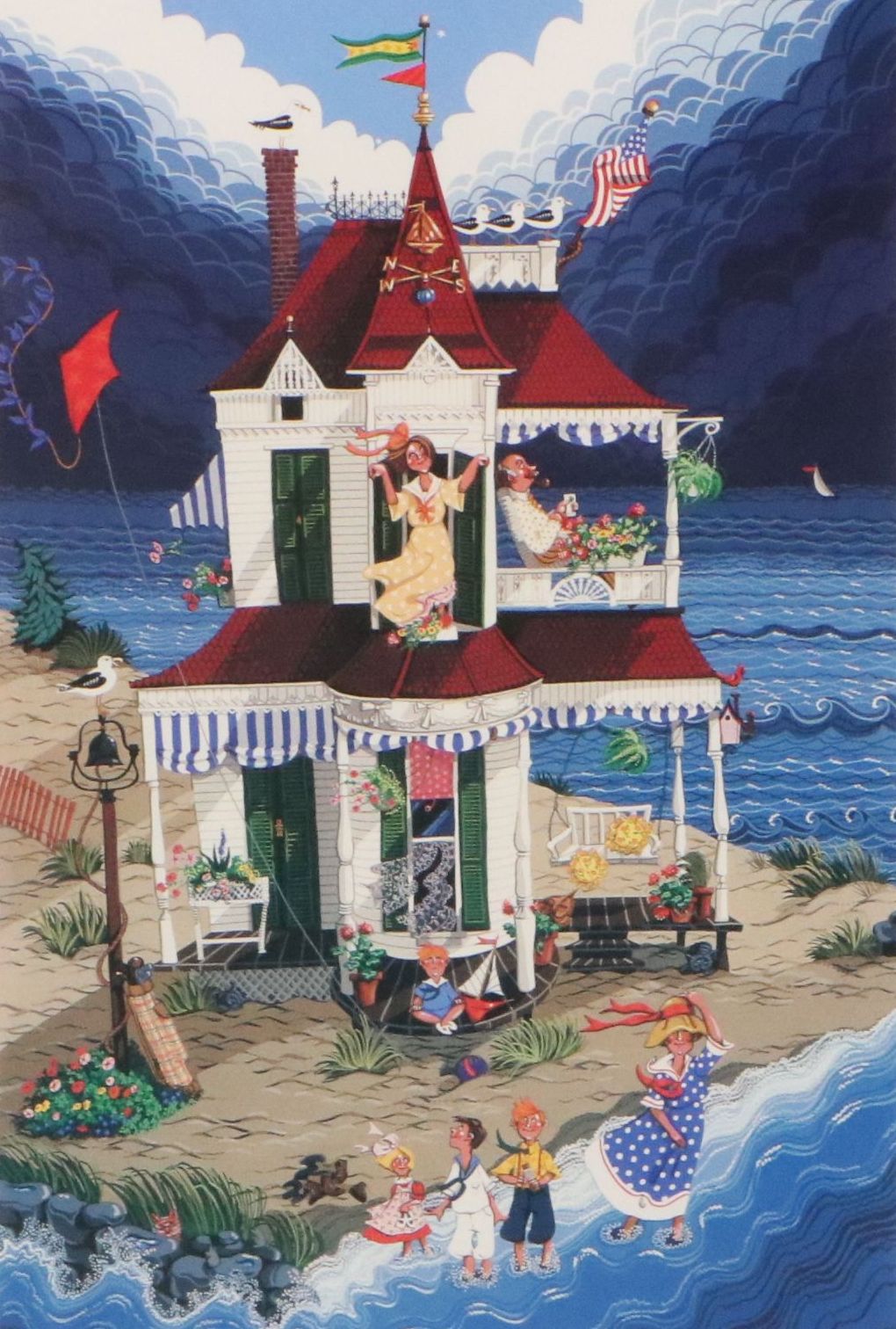 Ann Thompson Offset Lithograph of Folk Art Style Coastal Residence