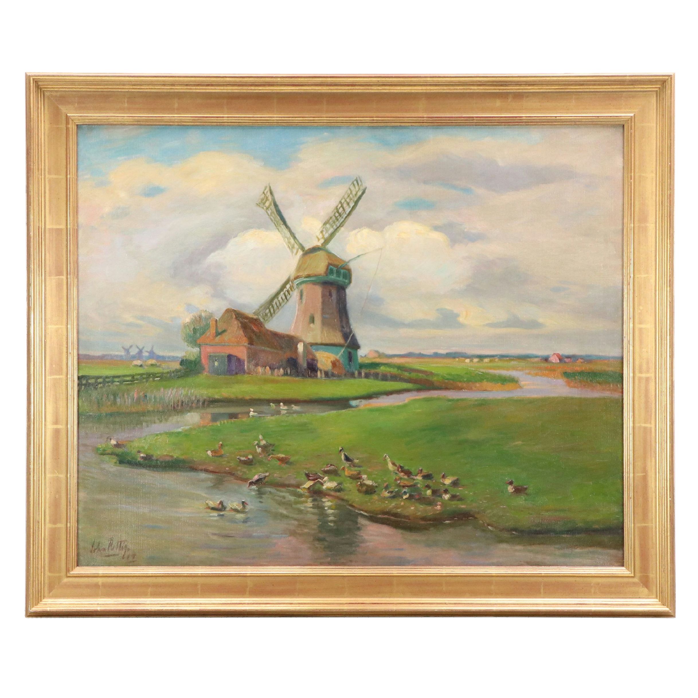 John Rettig Oil Painting "Mill Near Monnickendam, Holland," 1914