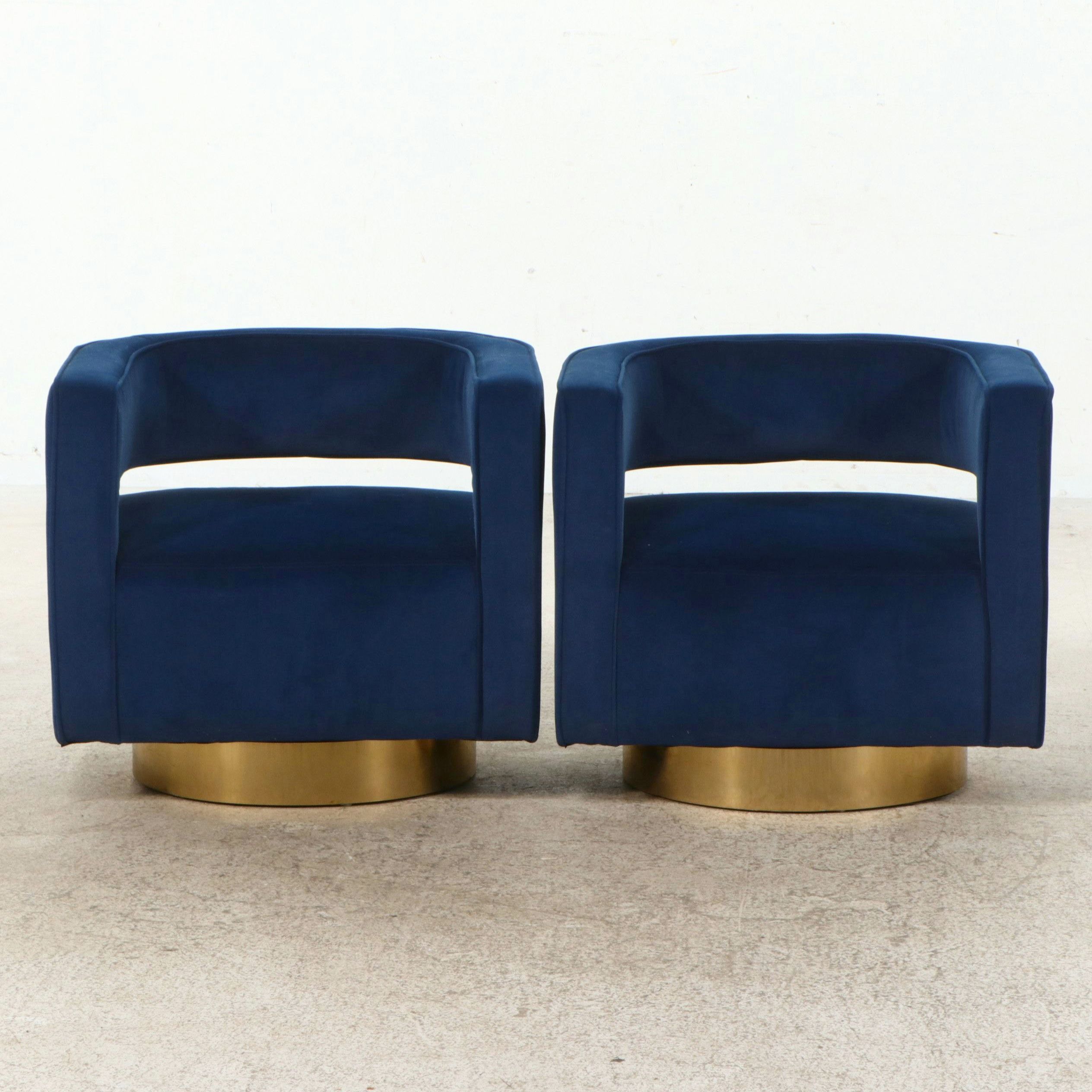 Hollywood Regency Style Blue Velvet Swivel Club Chairs with Gilt Bases