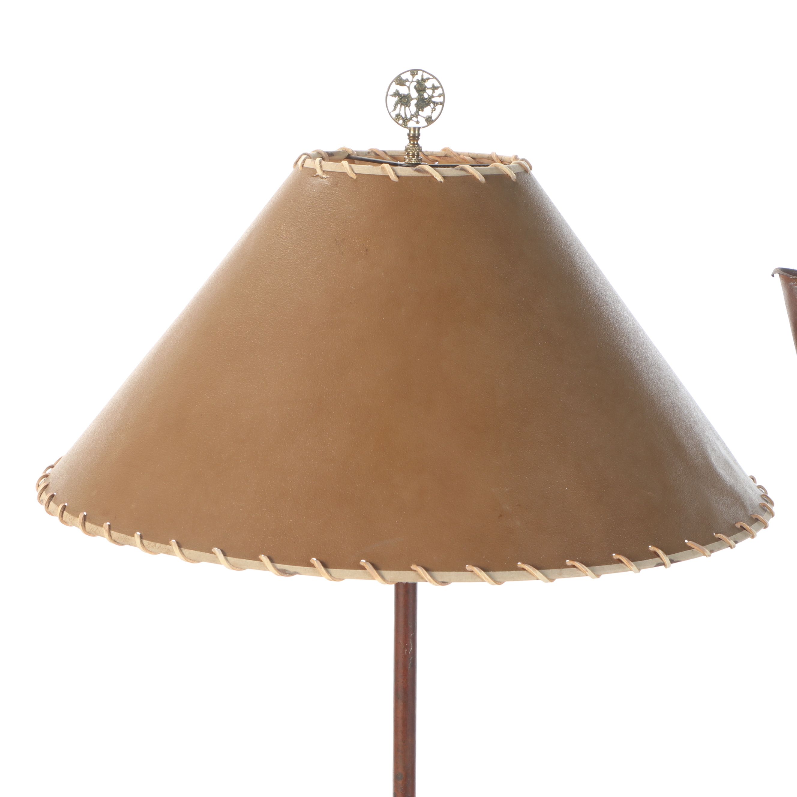 Rustic Wrought Iron Floor Lamp with Whip-Stitched Shade and Floor Candelabra