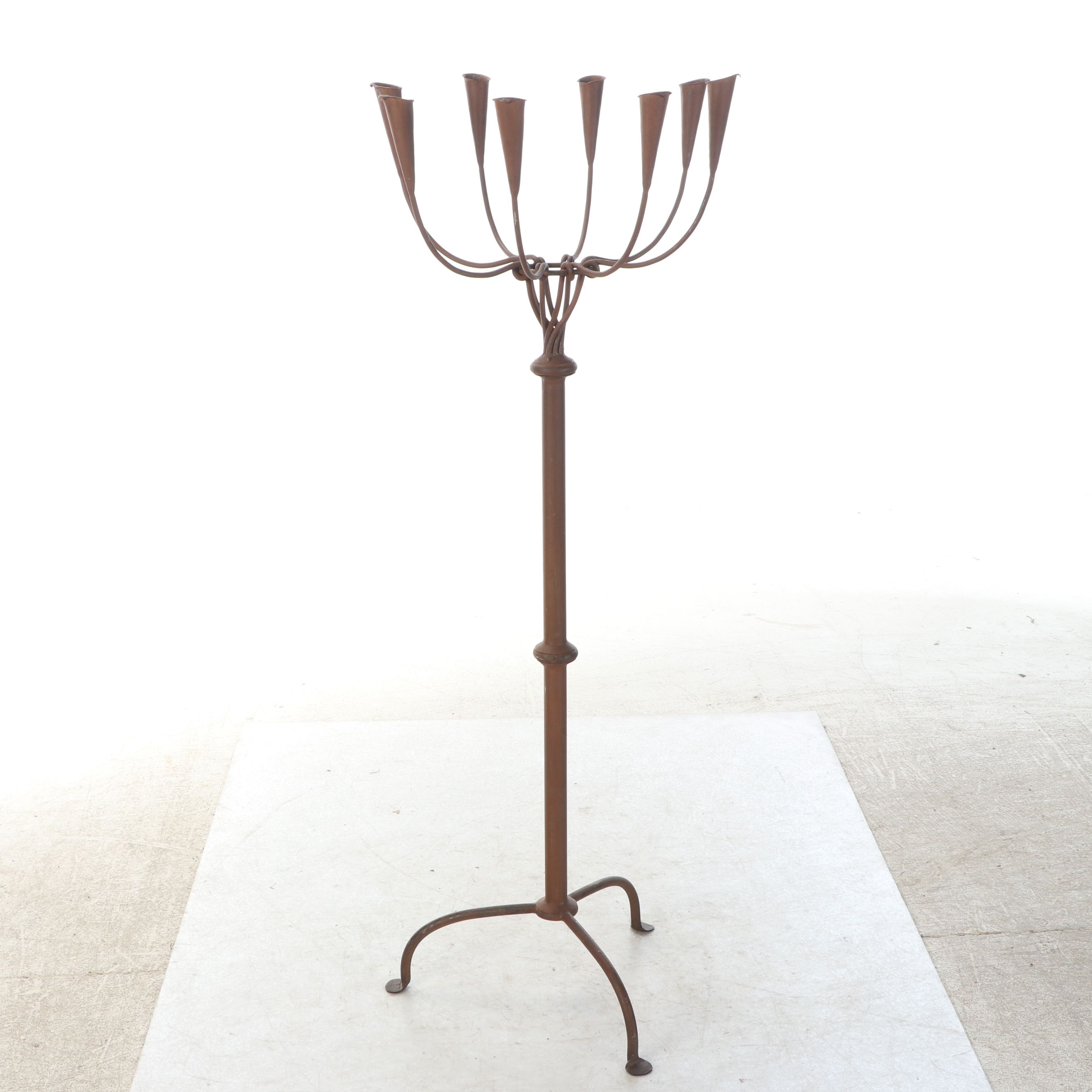 Rustic Wrought Iron Floor Lamp with Whip-Stitched Shade and Floor Candelabra