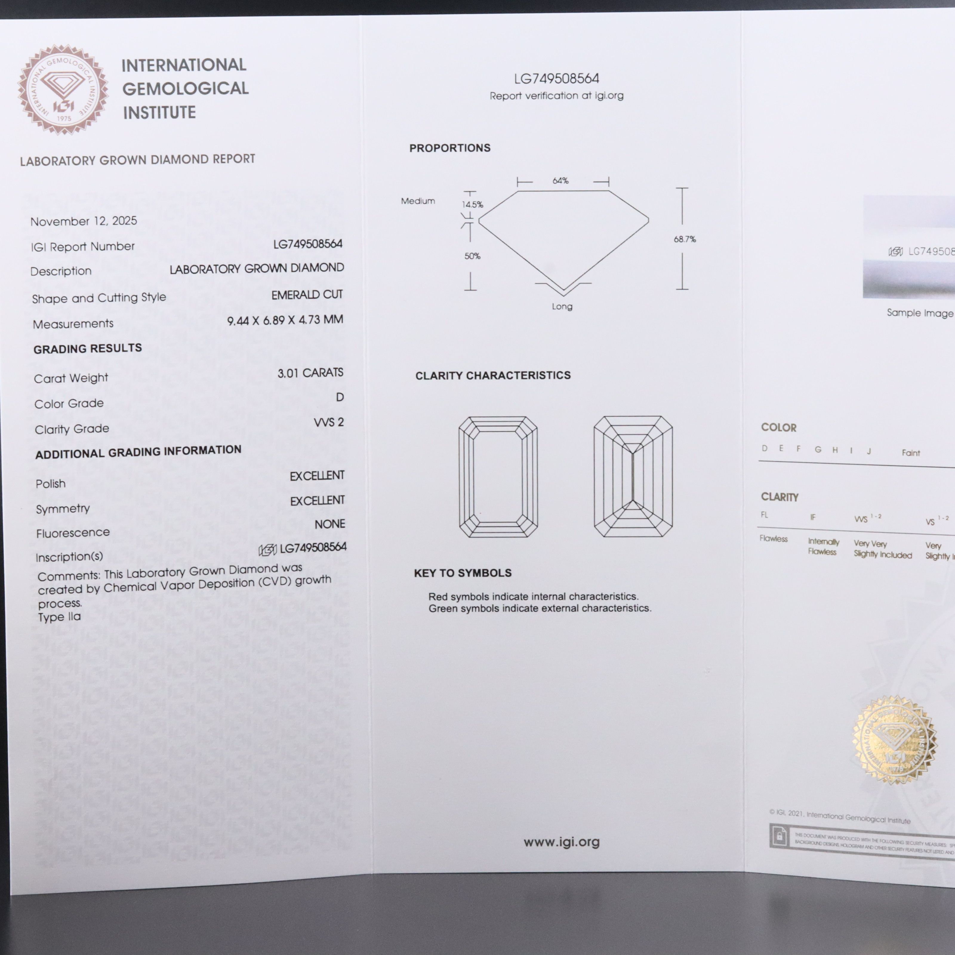 Loose 3.01 CT Lab Grown Diamond with IGI Report