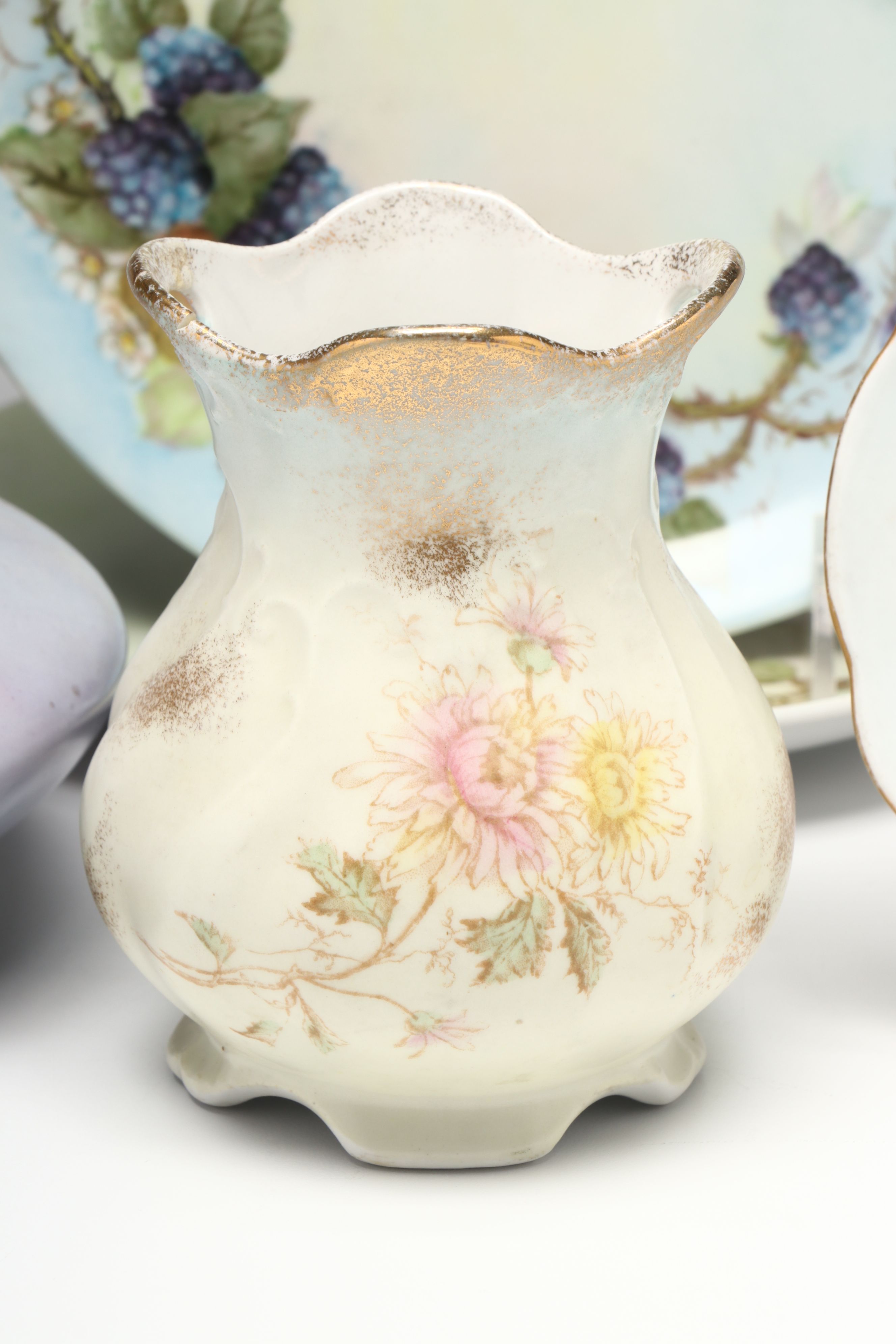 Floral Porcelain Vase, Plates, Creamer and Sugar Bowls