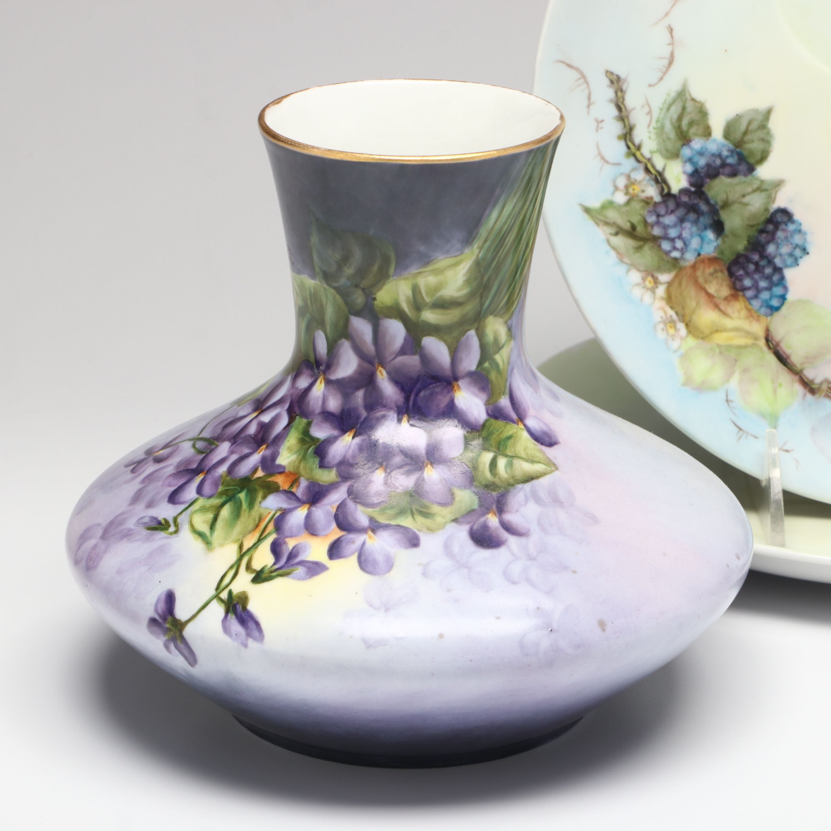 Floral Porcelain Vase, Plates, Creamer and Sugar Bowls