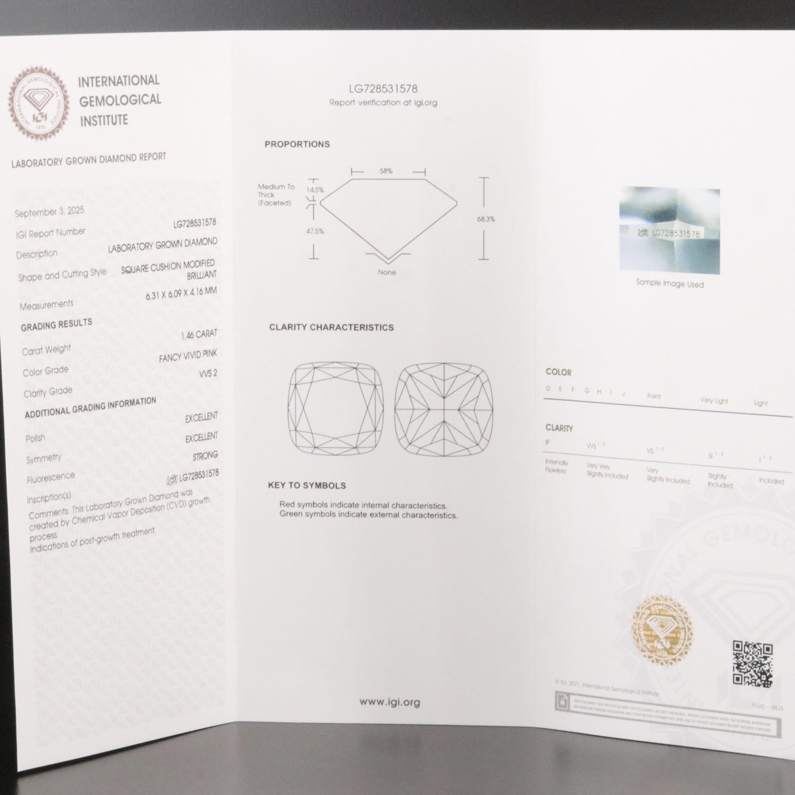 Loose 1.46 CT Lab Grown Fancy Vivid Pink Diamond with IGI Report