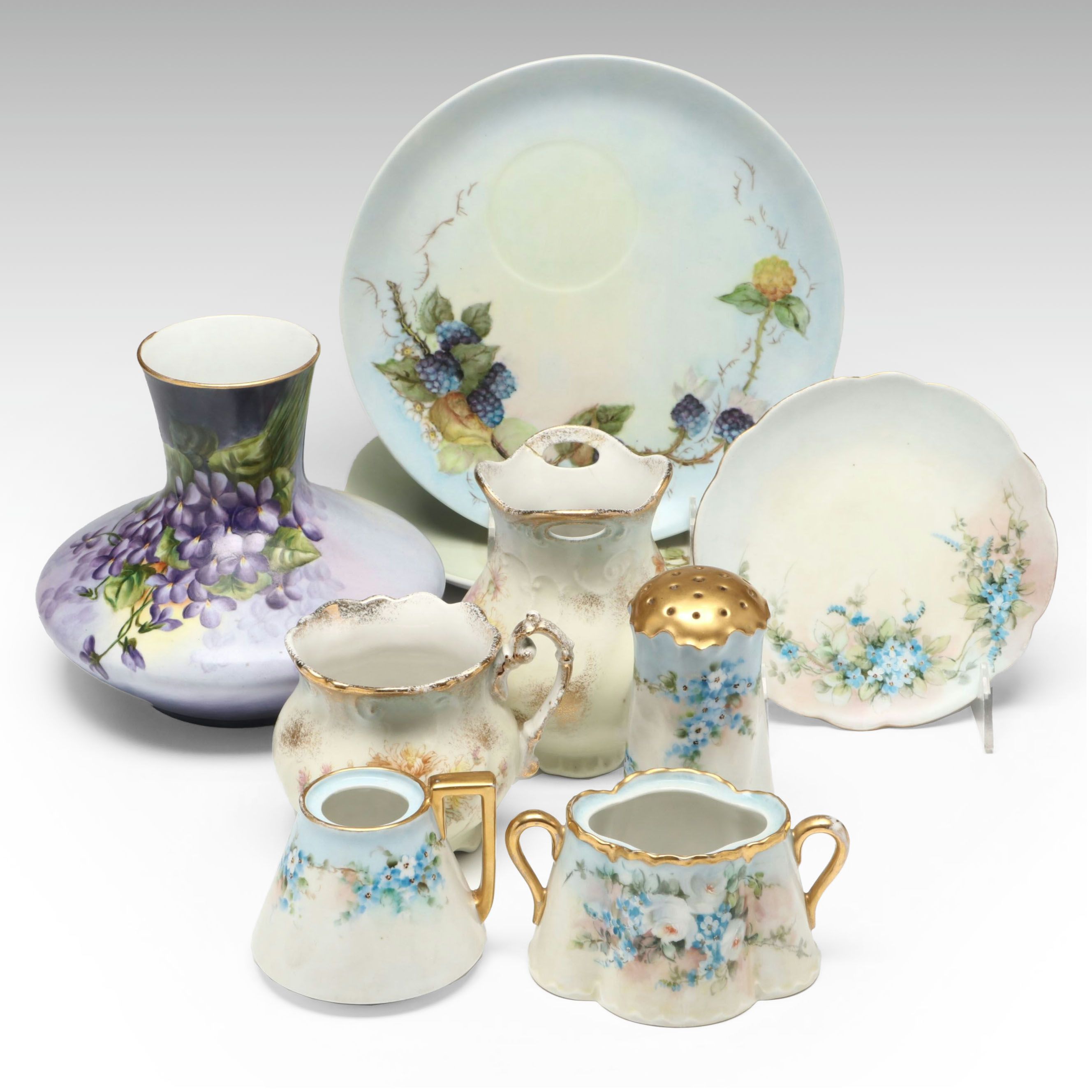 Floral Porcelain Vase, Plates, Creamer and Sugar Bowls