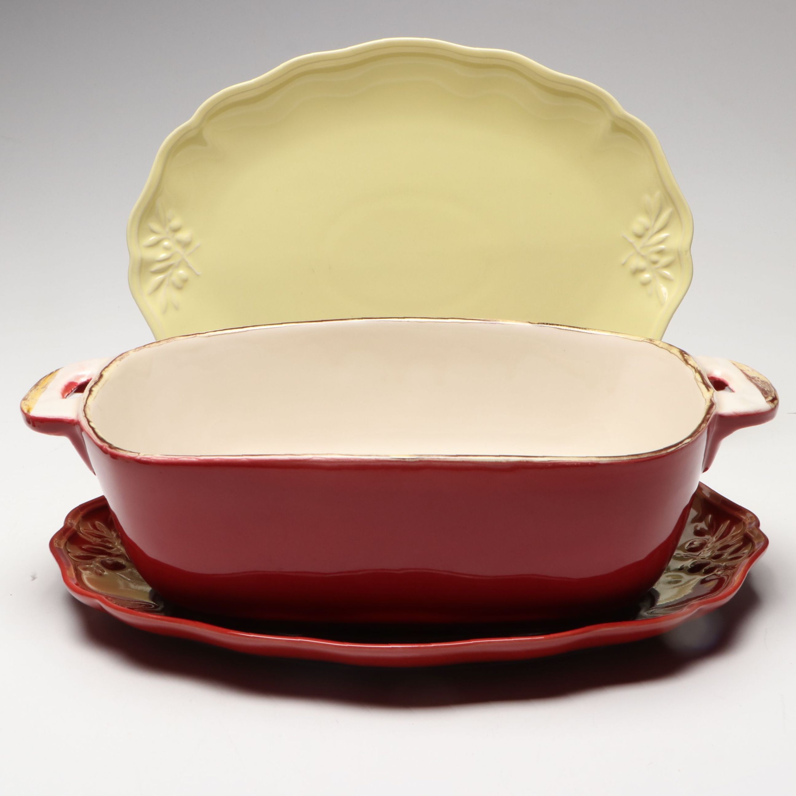 Sur La Table Portuguese Majolica Olive Leaf Serving Platters with Casserole