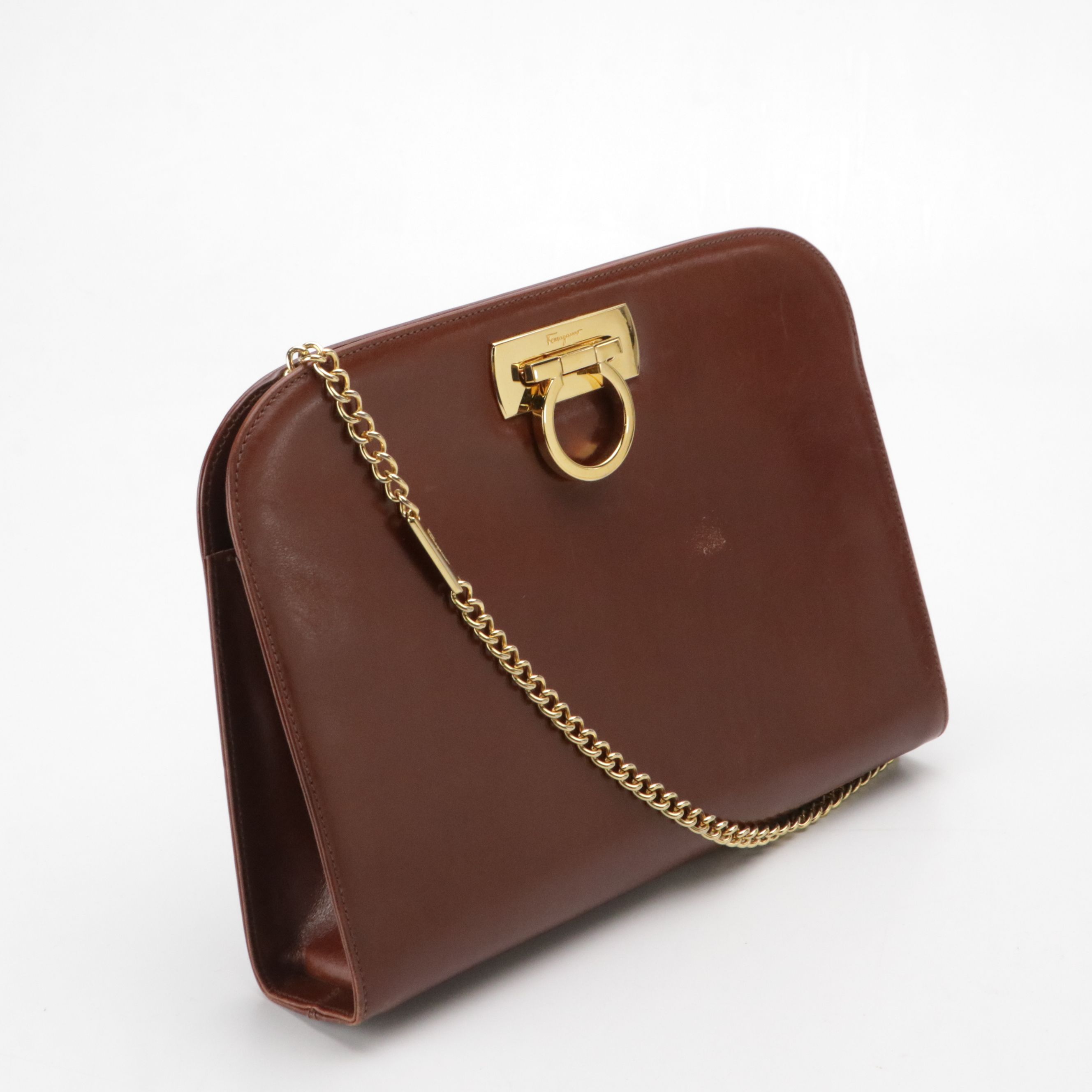 Salvatore Ferragamo Gancini Closure Chain Link Crossbody Bag in Brown Leather