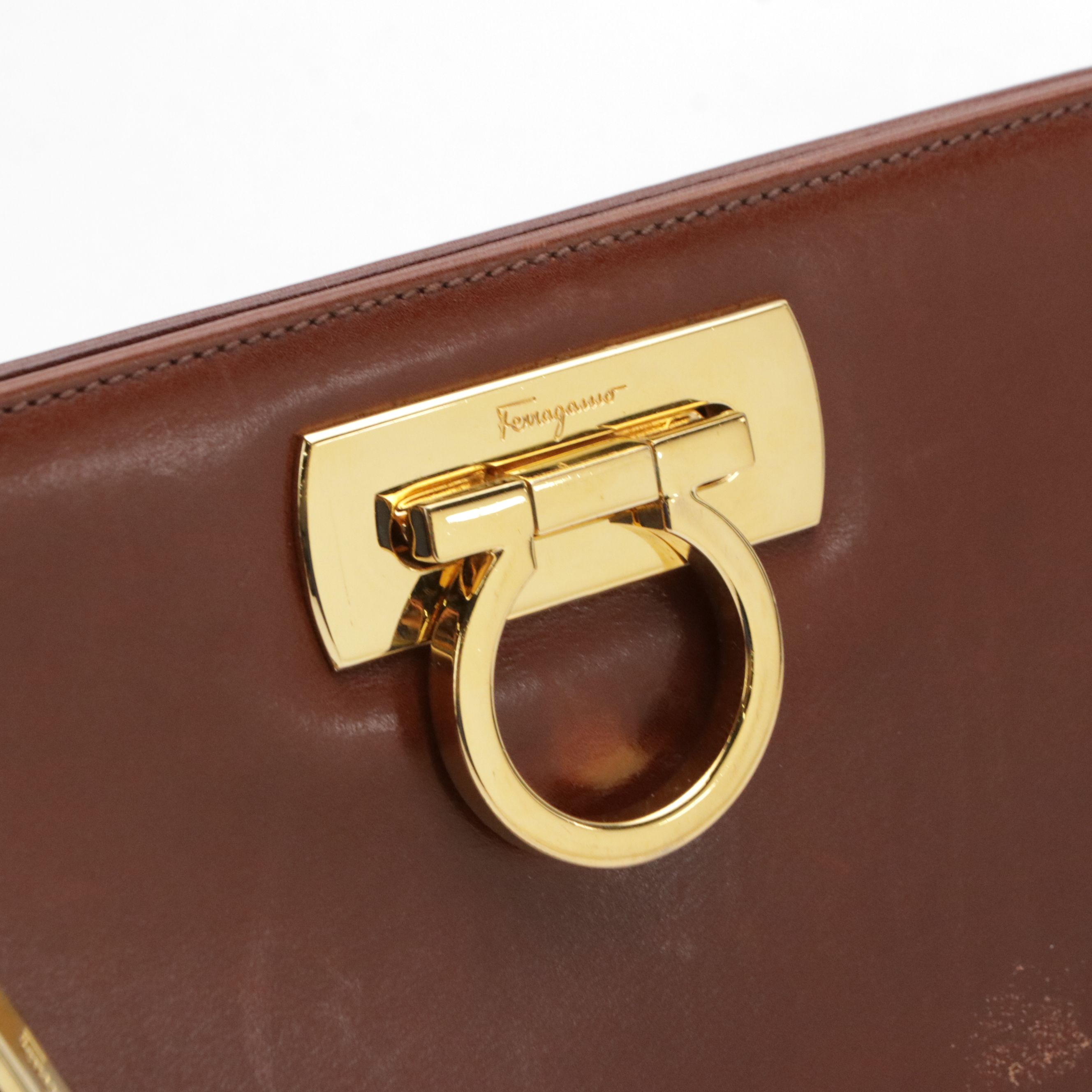 Salvatore Ferragamo Gancini Closure Chain Link Crossbody Bag in Brown Leather