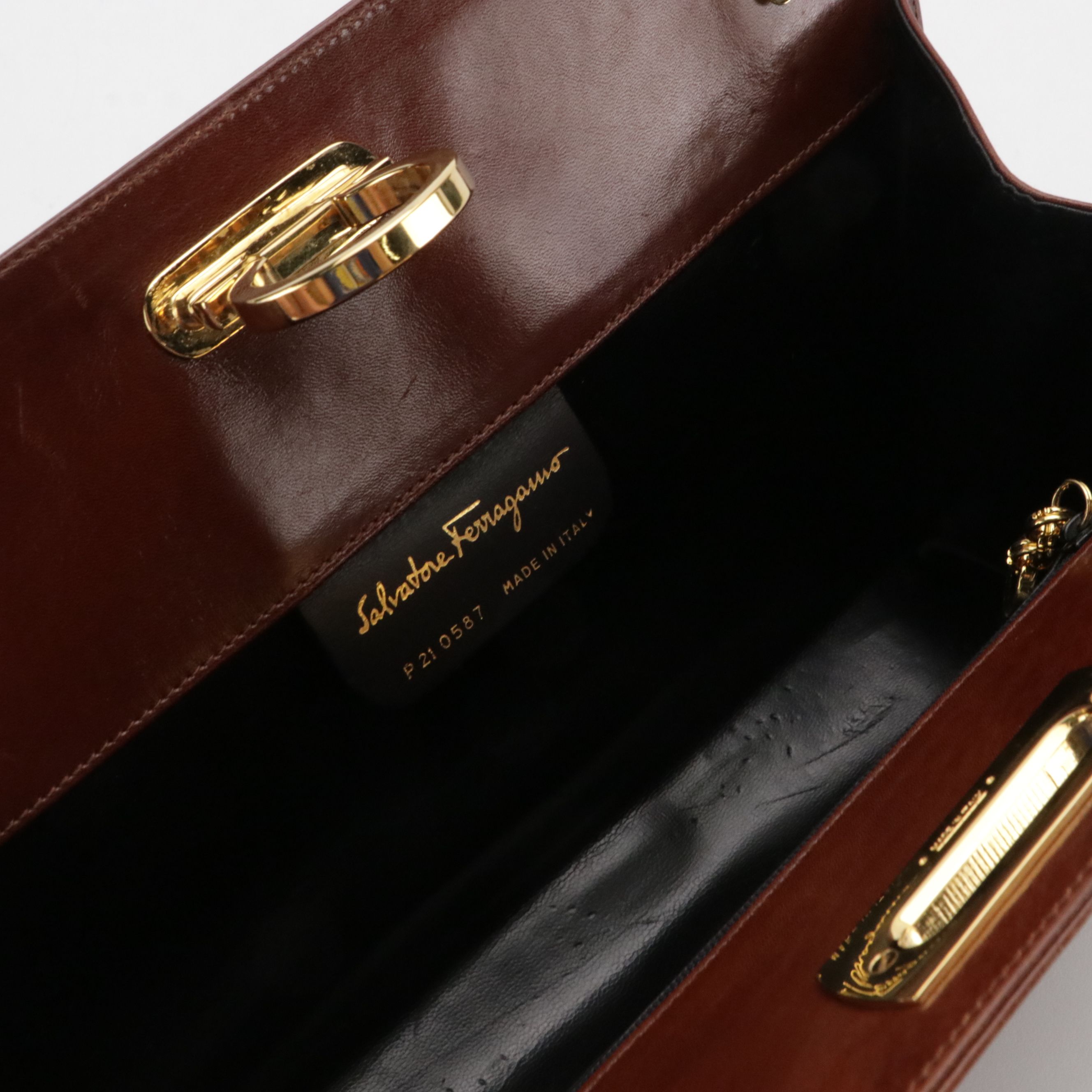 Salvatore Ferragamo Gancini Closure Chain Link Crossbody Bag in Brown Leather