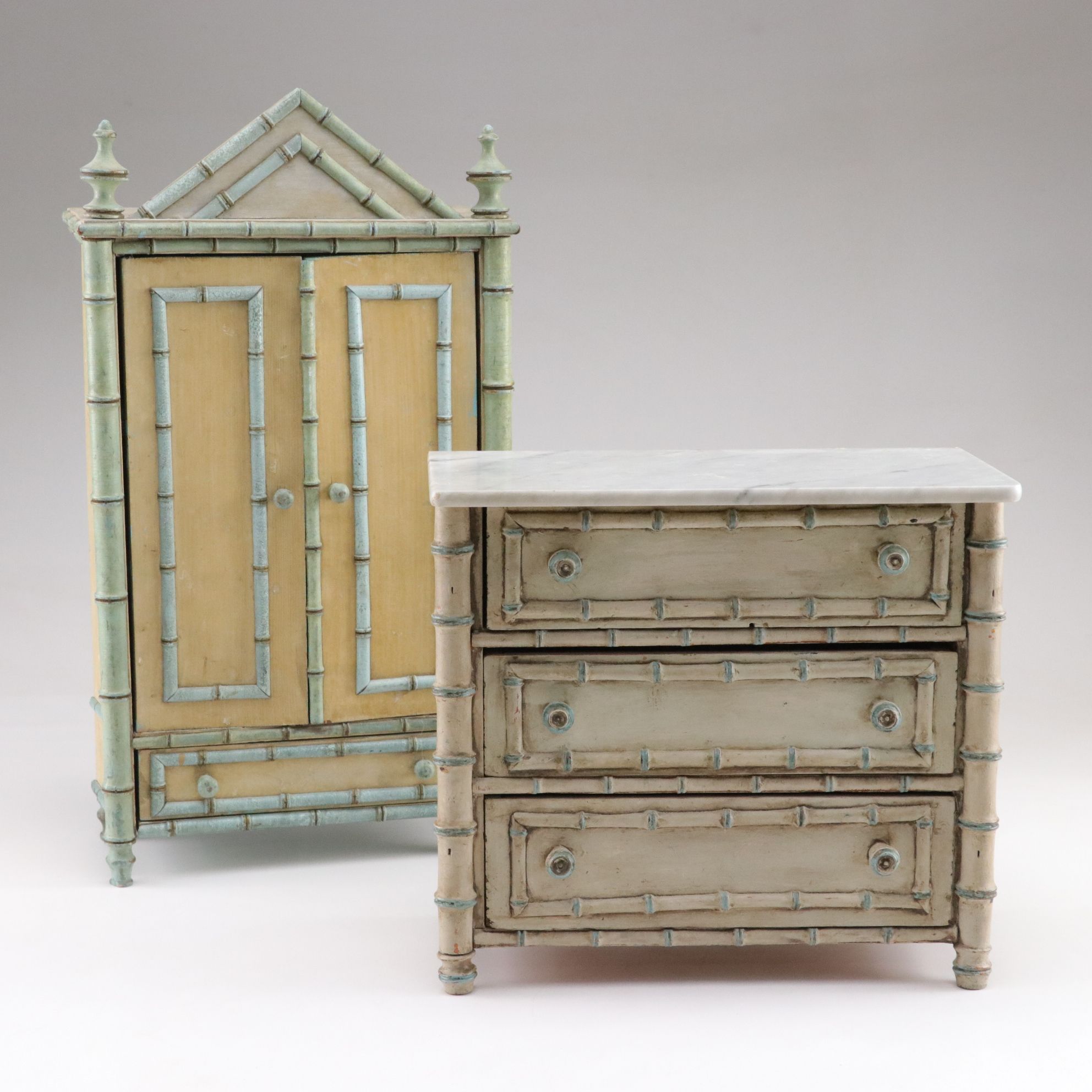 Two Faux Bamboo Painted Dresser-Top Chests, Mid to Late 20th Century
