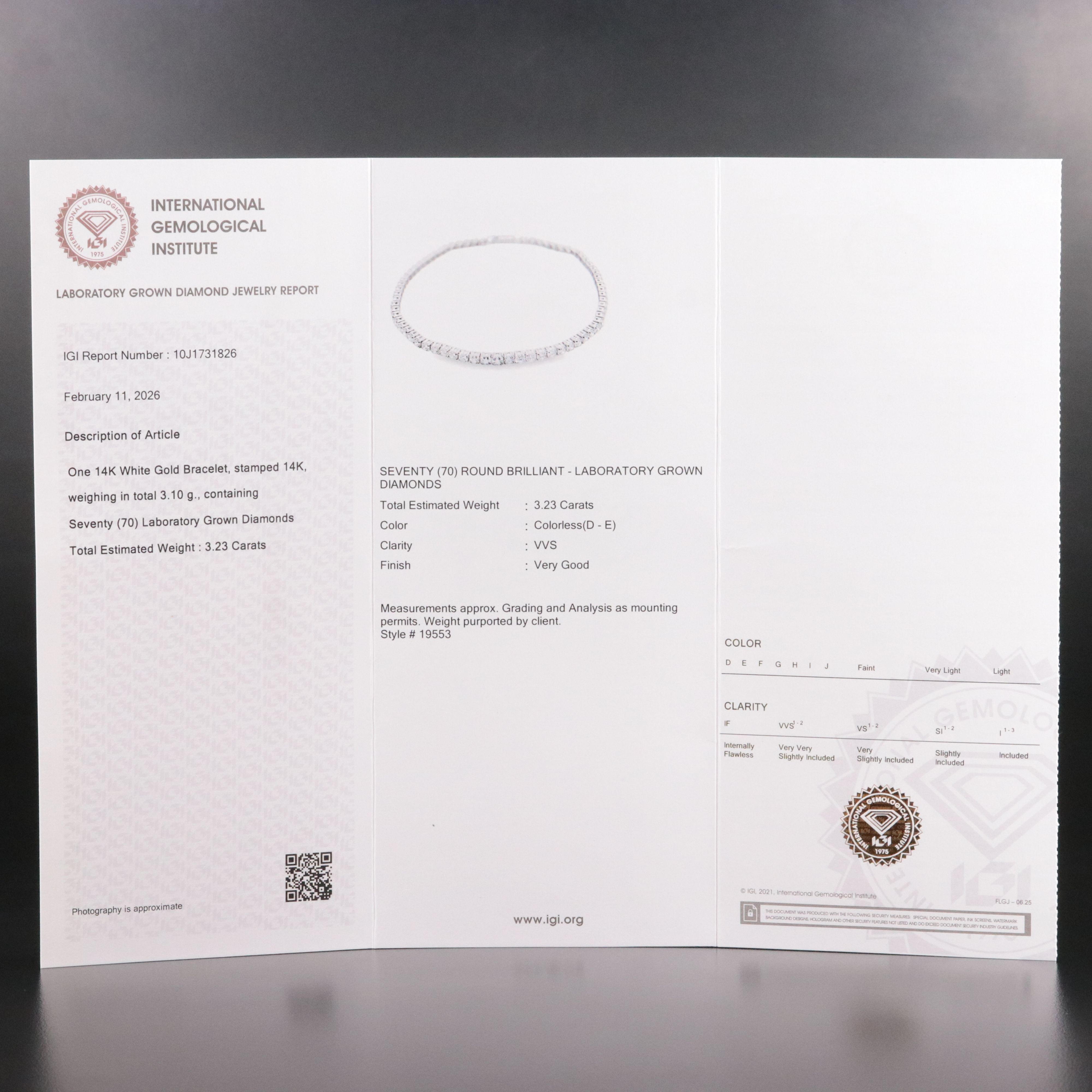 14K 3.23 CTW Lab Grown Diamond Line Bracelet with IGI Jewelry Report