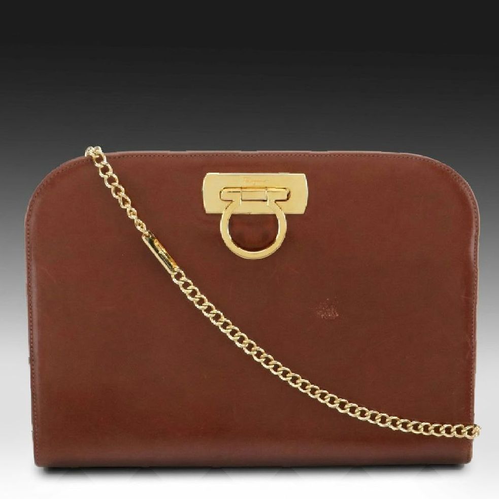 Salvatore Ferragamo Gancini Closure Chain Link Crossbody Bag in Brown Leather